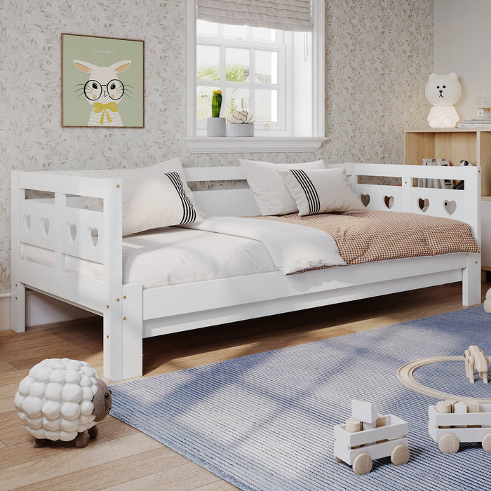 Daybed, pull-out bed, 90x190cm, solid pine, with 2nd sleeping accommodation and roll-out slatted frame, heart-shaped bed, white