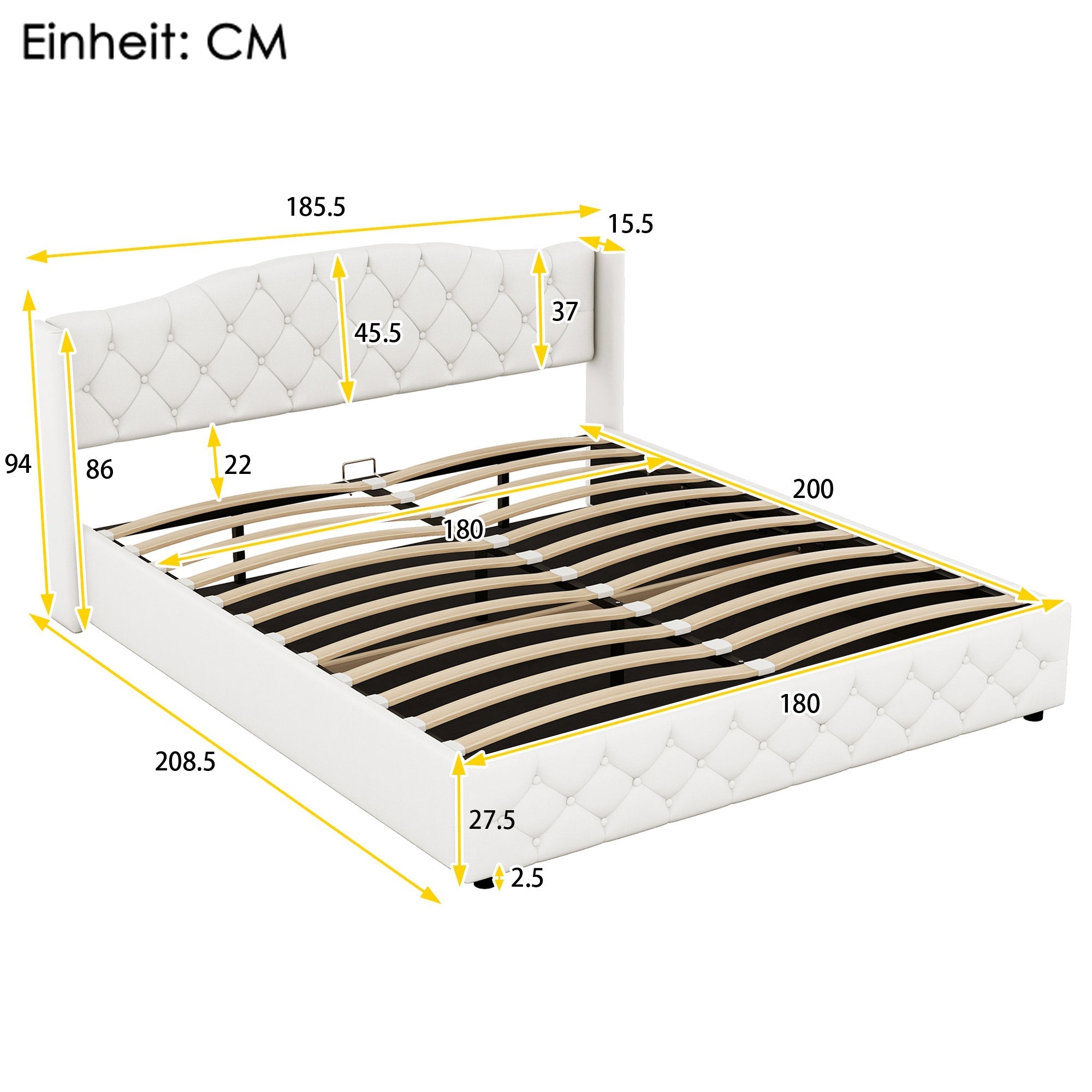 Multifunctional Flat Bed with Hydraulic Storage, 180 x 200, Beige