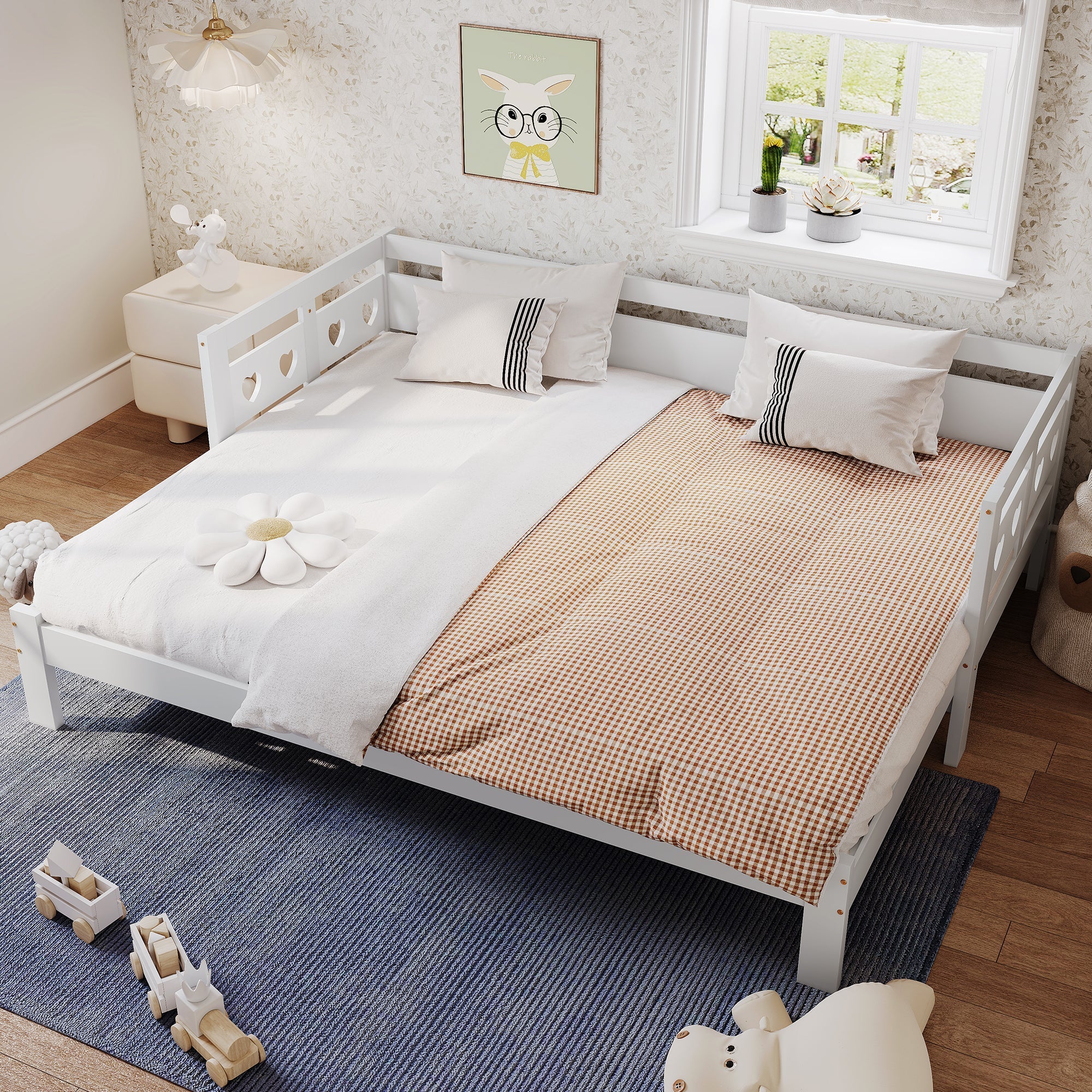Daybed, pull-out bed, 90x190cm, solid pine, with 2nd sleeping accommodation and roll-out slatted frame, heart-shaped bed, white