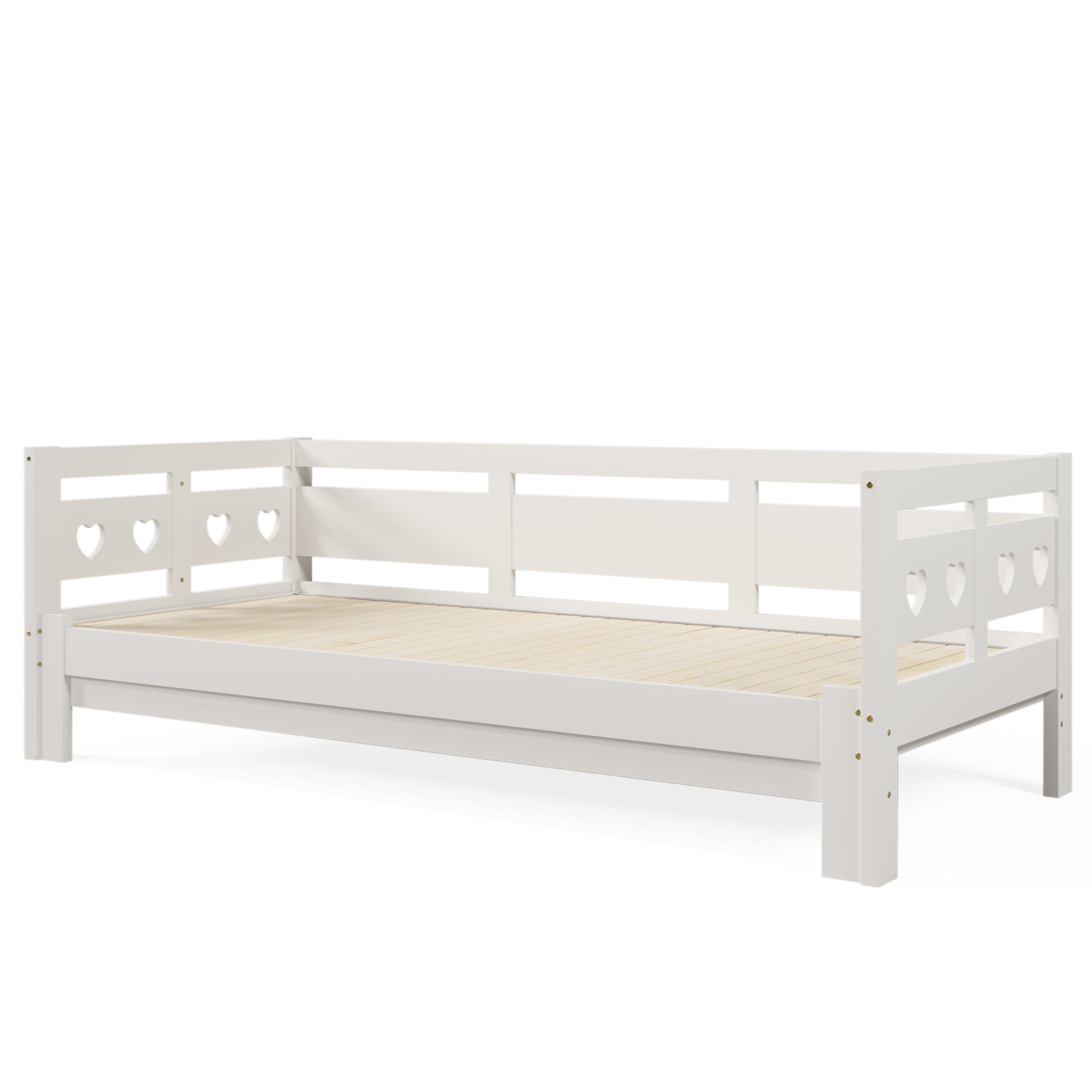 Daybed, pull-out bed, 90x190cm, solid pine, with 2nd sleeping accommodation and roll-out slatted frame, heart-shaped bed, white