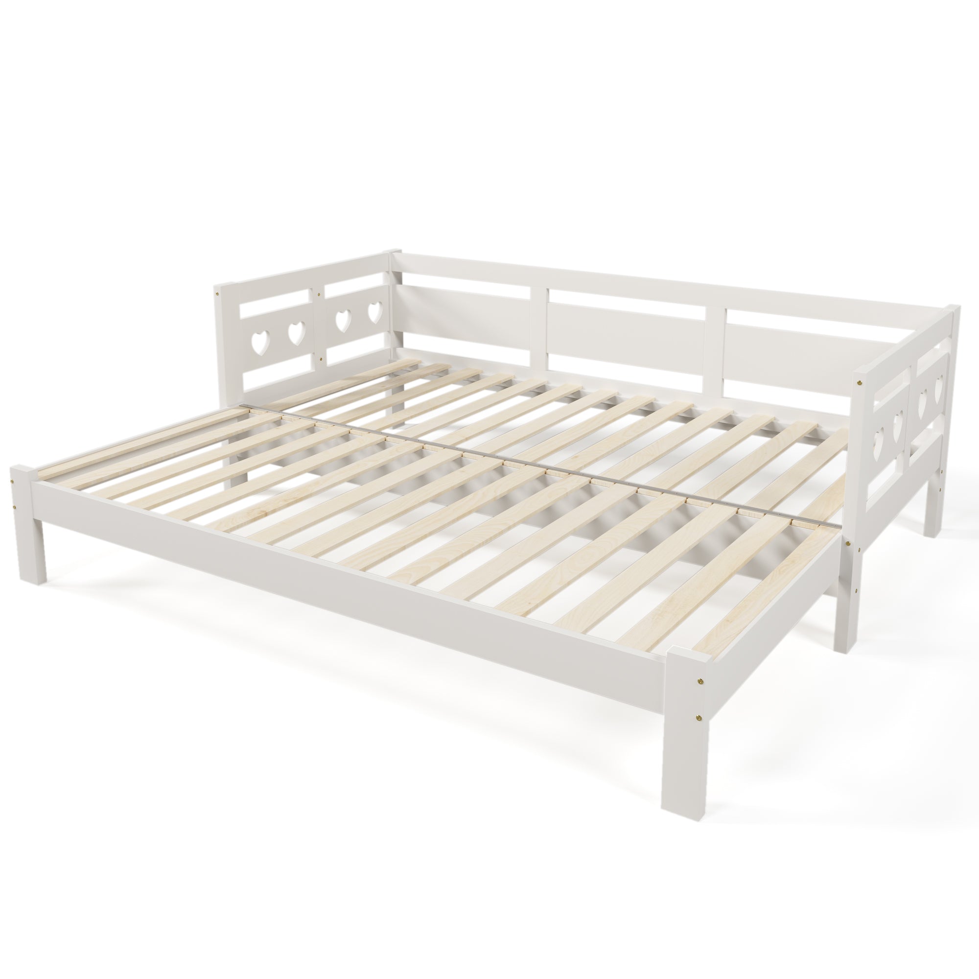 Daybed, pull-out bed, 90x190cm, solid pine, with 2nd sleeping accommodation and roll-out slatted frame, heart-shaped bed, white