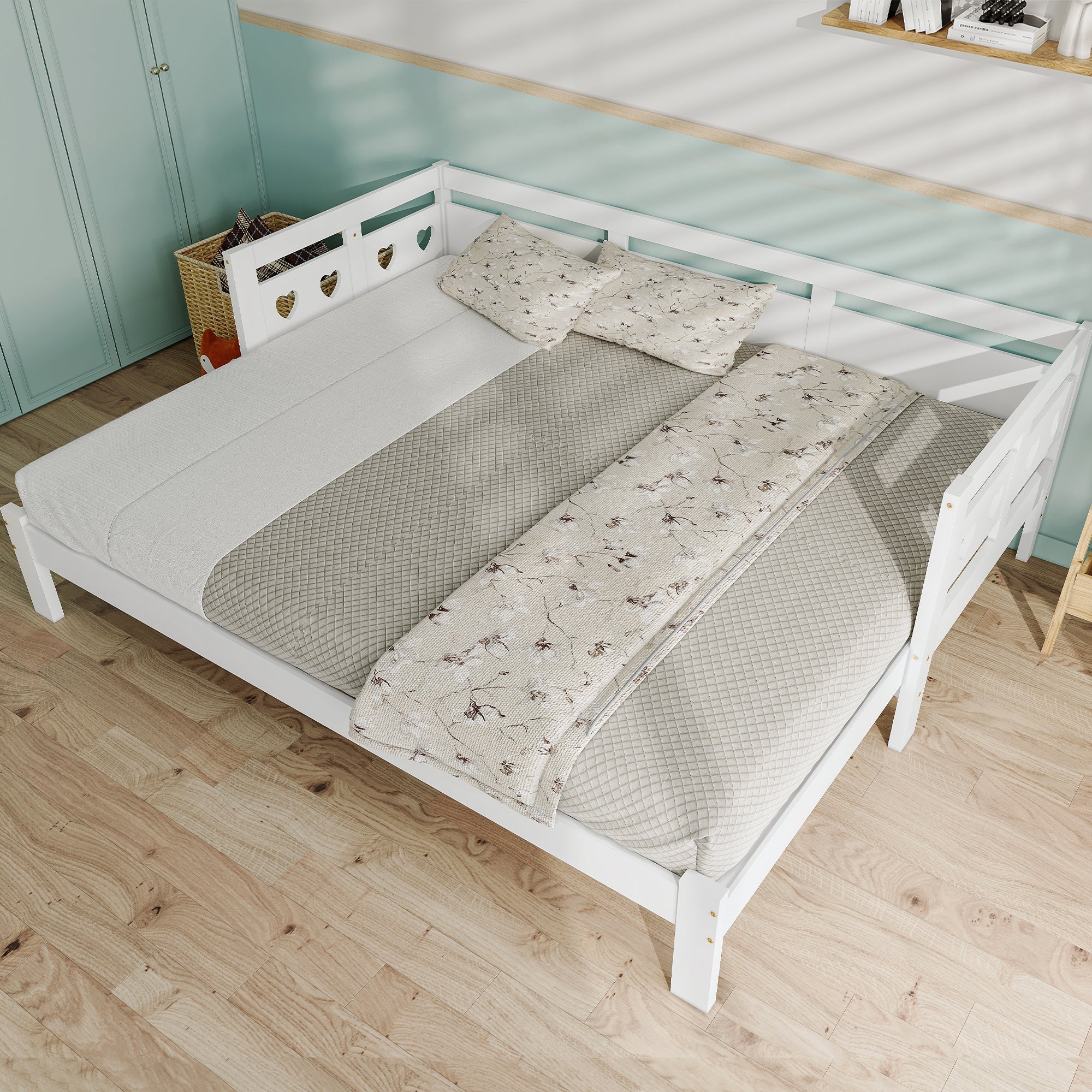 Daybed, pull-out bed, 90x190cm, solid pine, with 2nd sleeping accommodation and roll-out slatted frame, heart-shaped bed, white