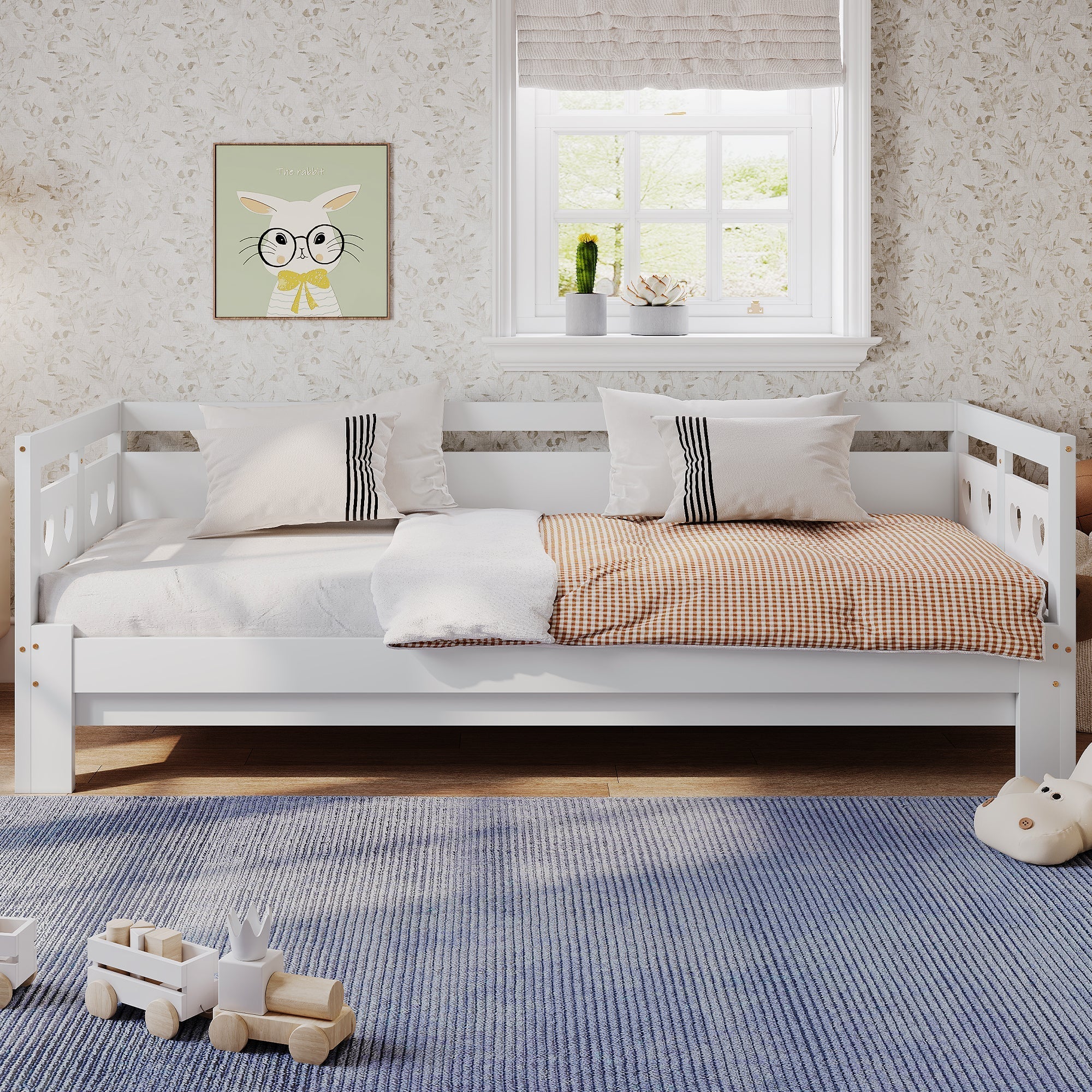 Daybed, pull-out bed, 90x190cm, solid pine, with 2nd sleeping accommodation and roll-out slatted frame, heart-shaped bed, white