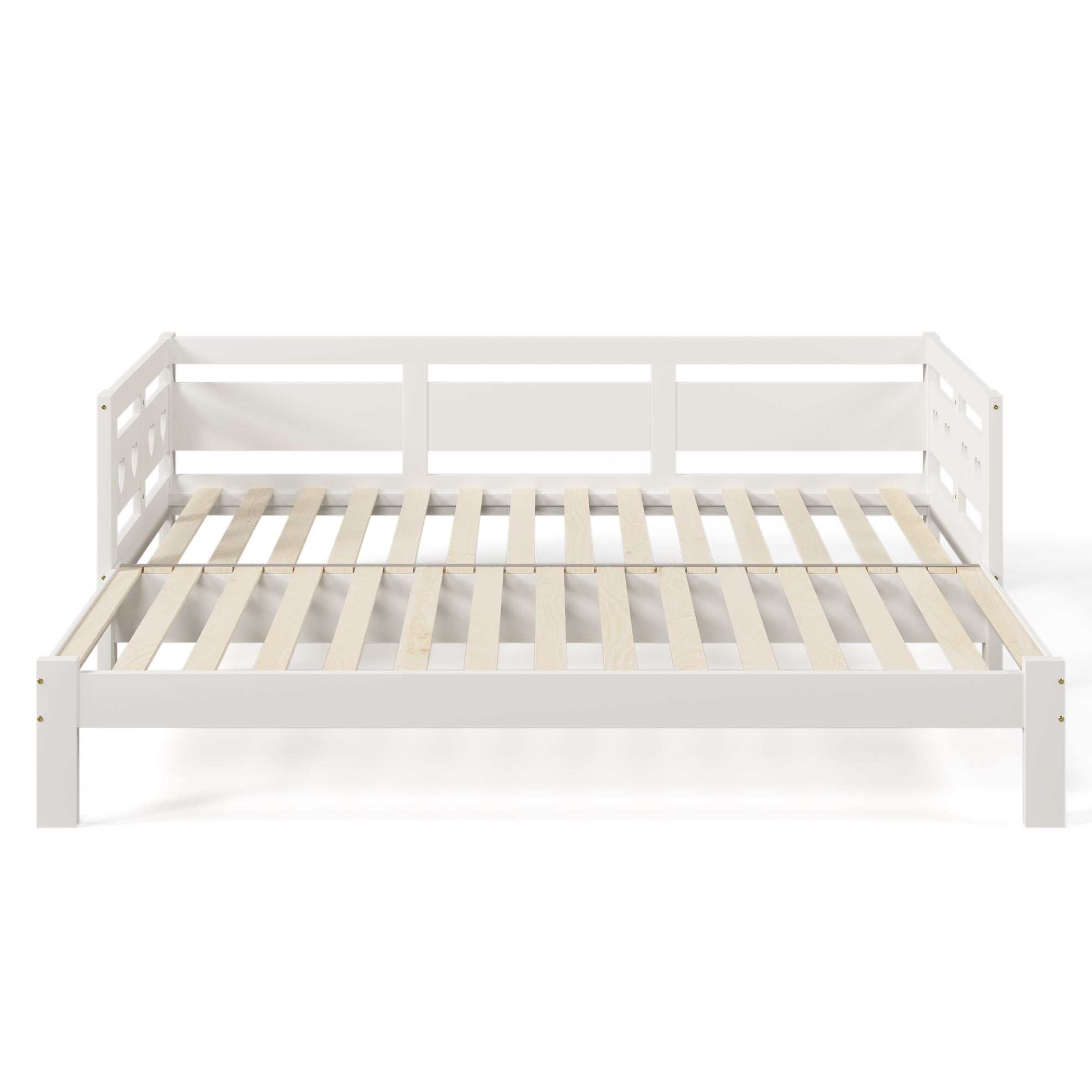Daybed, pull-out bed, 90x190cm, solid pine, with 2nd sleeping accommodation and roll-out slatted frame, heart-shaped bed, white