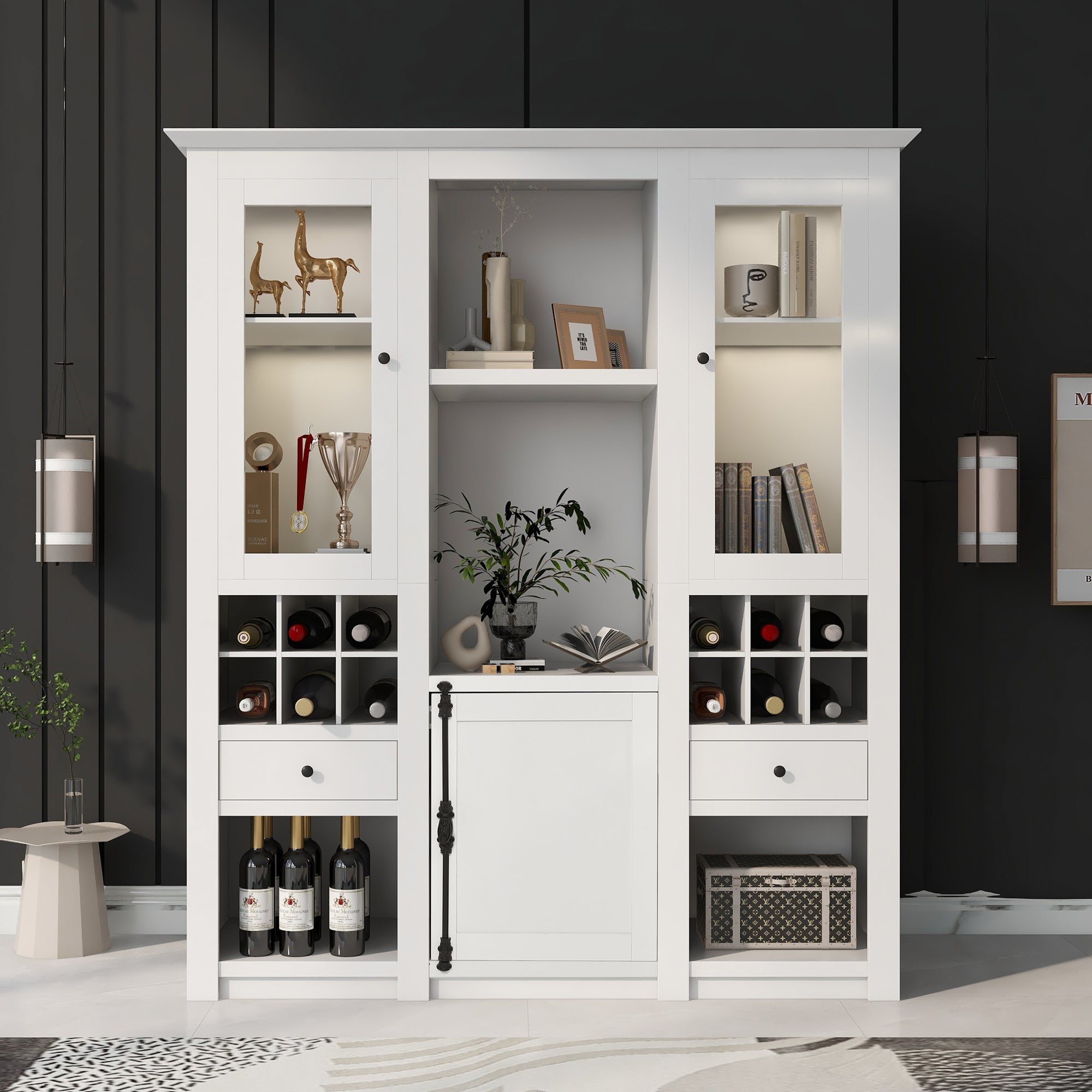 Display Cabinet 3-Piece Set, Freestanding Storage, 7-Color LED Lighting, White
