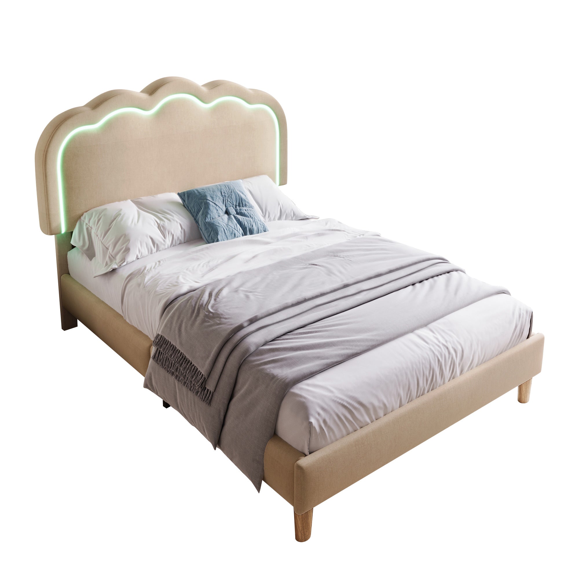 Upholstered Bed, LED single bed 90x200cm with slatted frame and adjustable headboard, beige linen