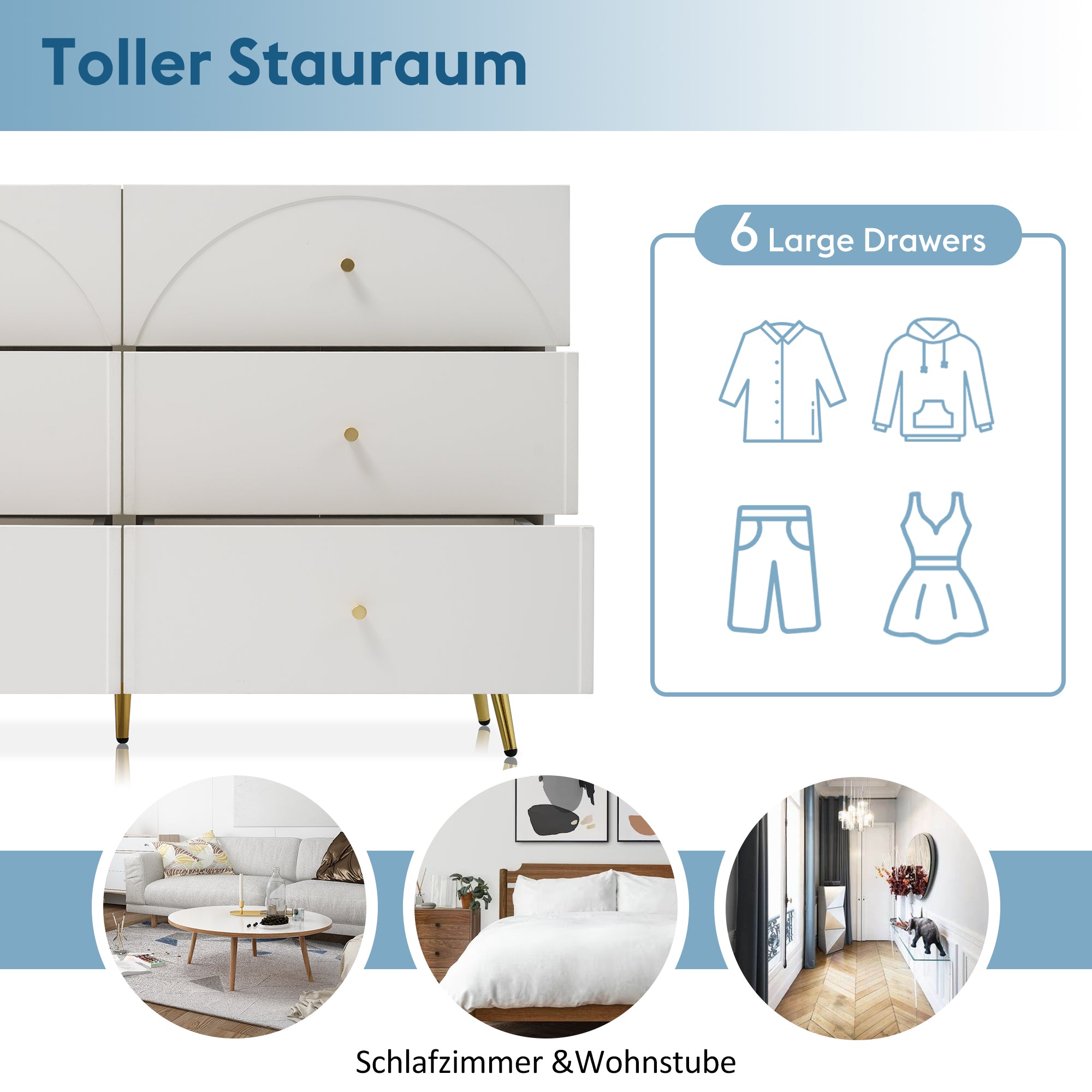 Chest of Drawers, 6-Drawer Sideboard Highboard, Cream-White