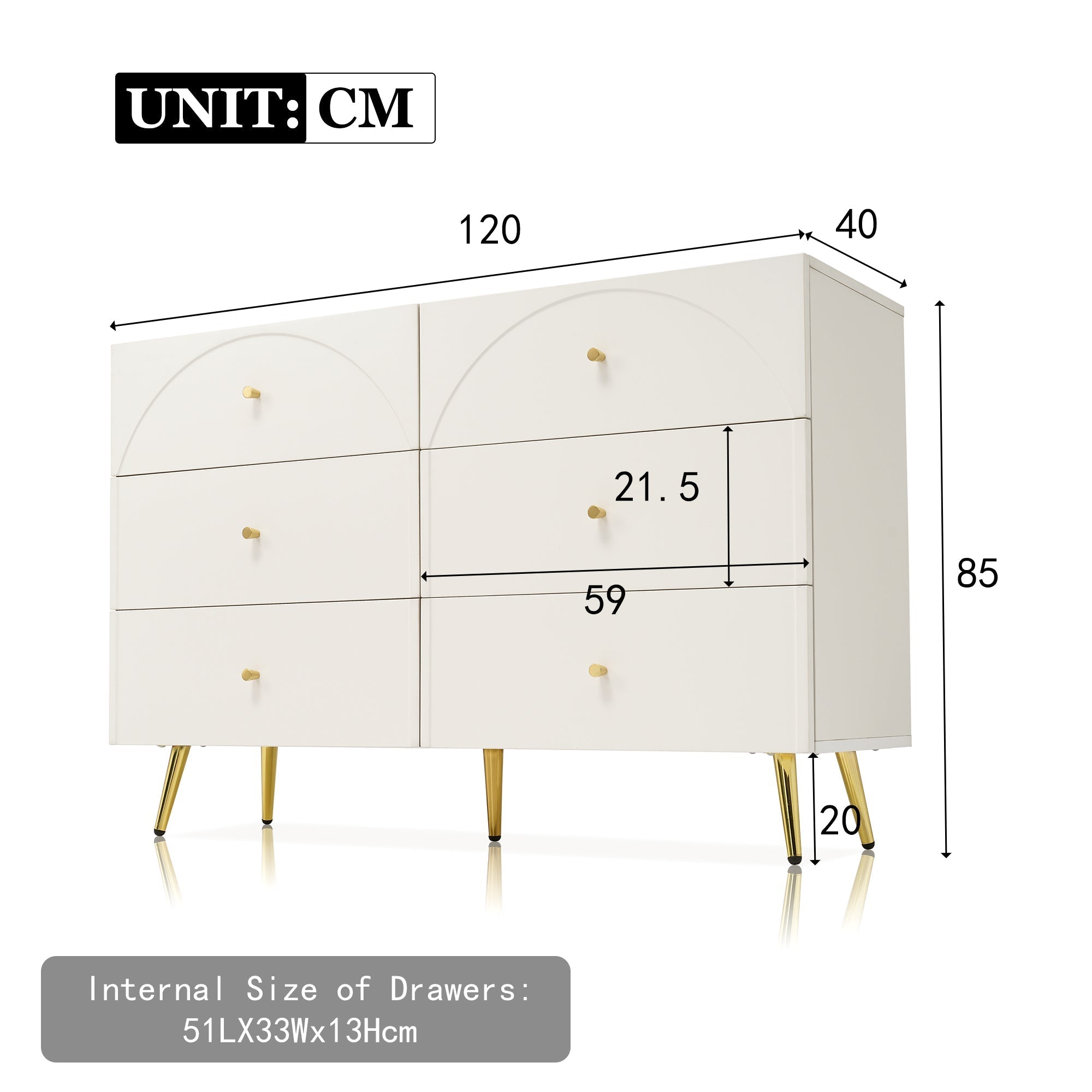 Sideboard Cabinet, 6-Drawer Chest, Living Room Storage, Cream White