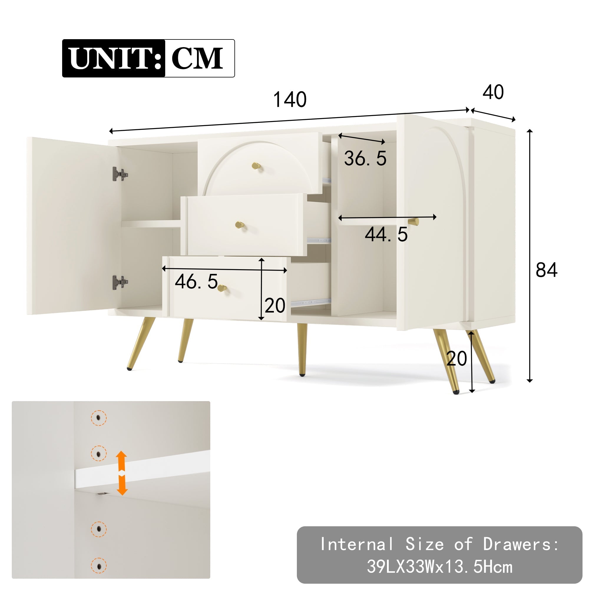 Sideboard Cabinet for Living Room with 2 Doors, 3 Drawers, and Adjustable Shelf, Cream White