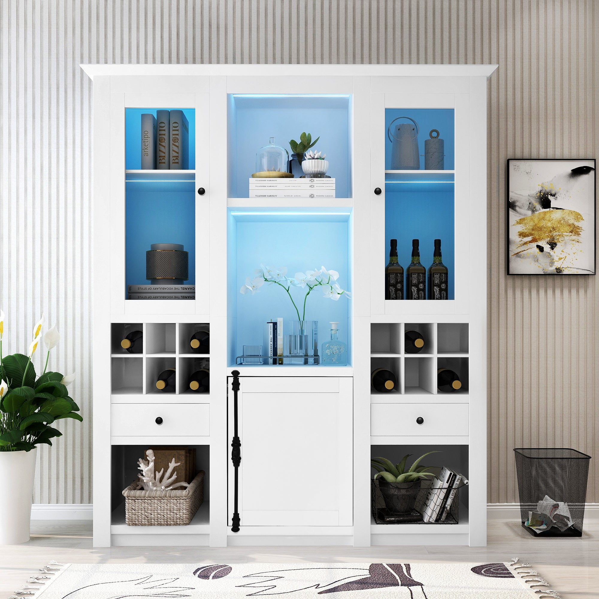 Display Cabinet 3-Piece Set, Freestanding Storage, 7-Color LED Lighting, White