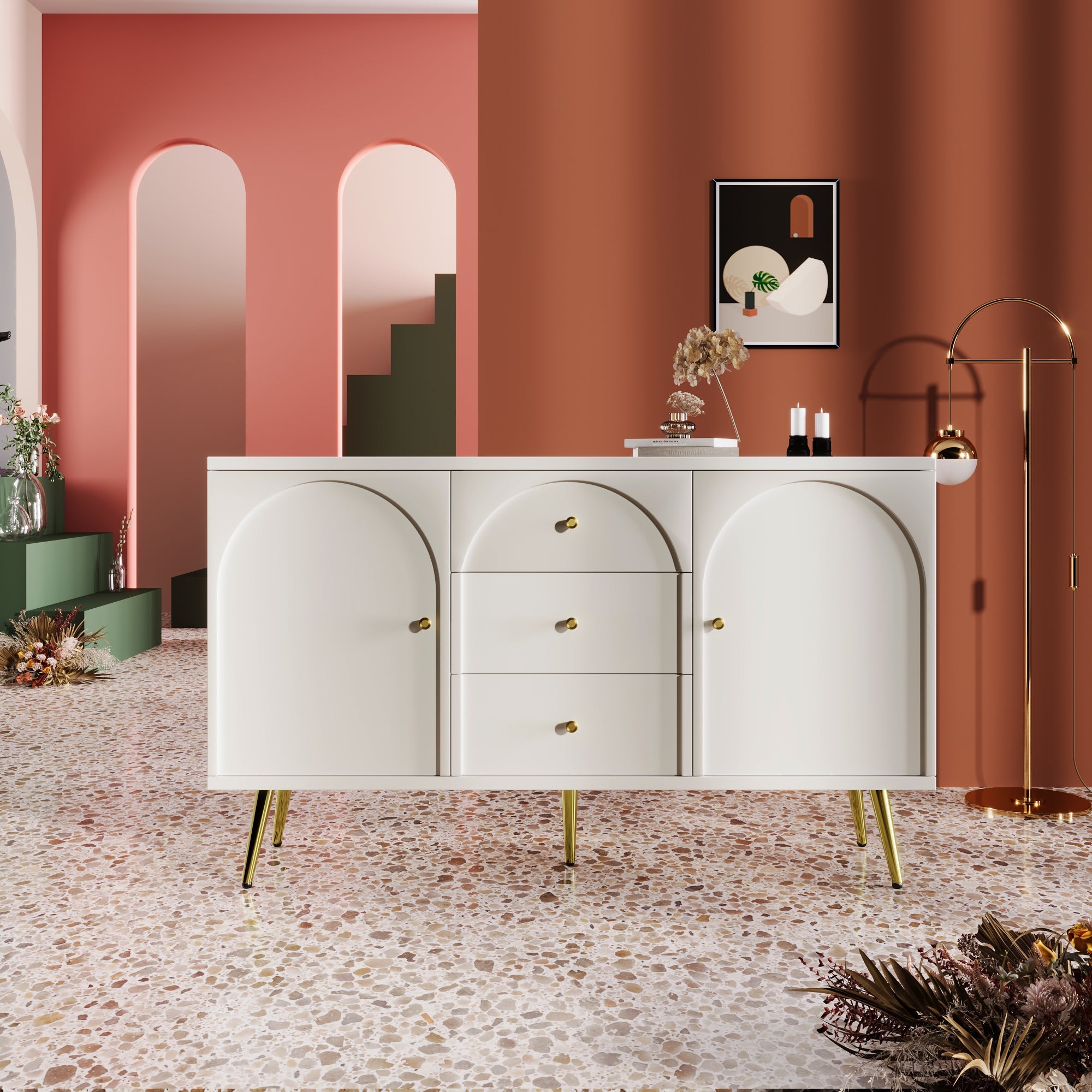 Chest of Drawers, 2 Doors, 3 Drawers, Adjustable Shelf, Cream-White