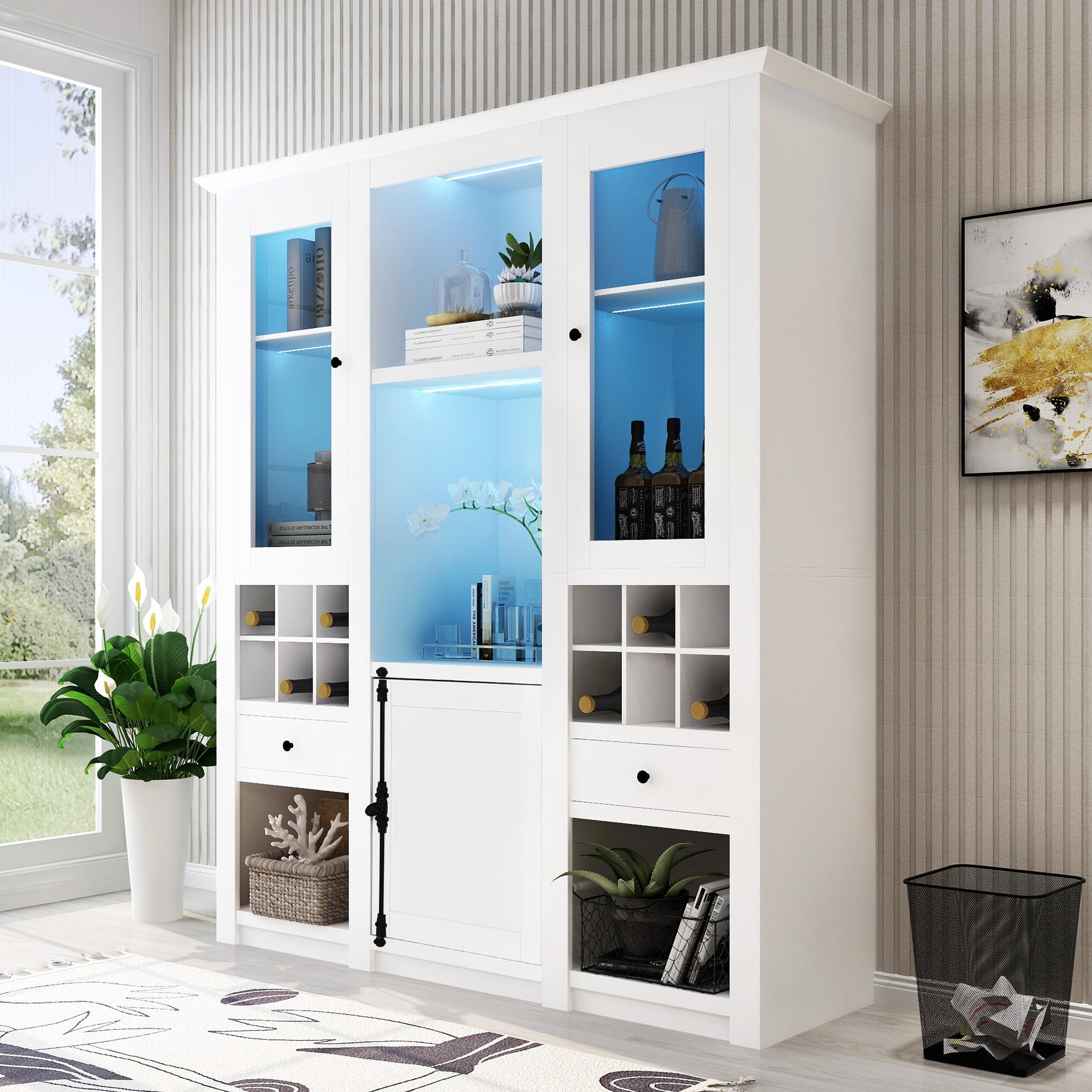 Display Cabinet 3-Piece Set, Freestanding Storage, 7-Color LED Lighting, White