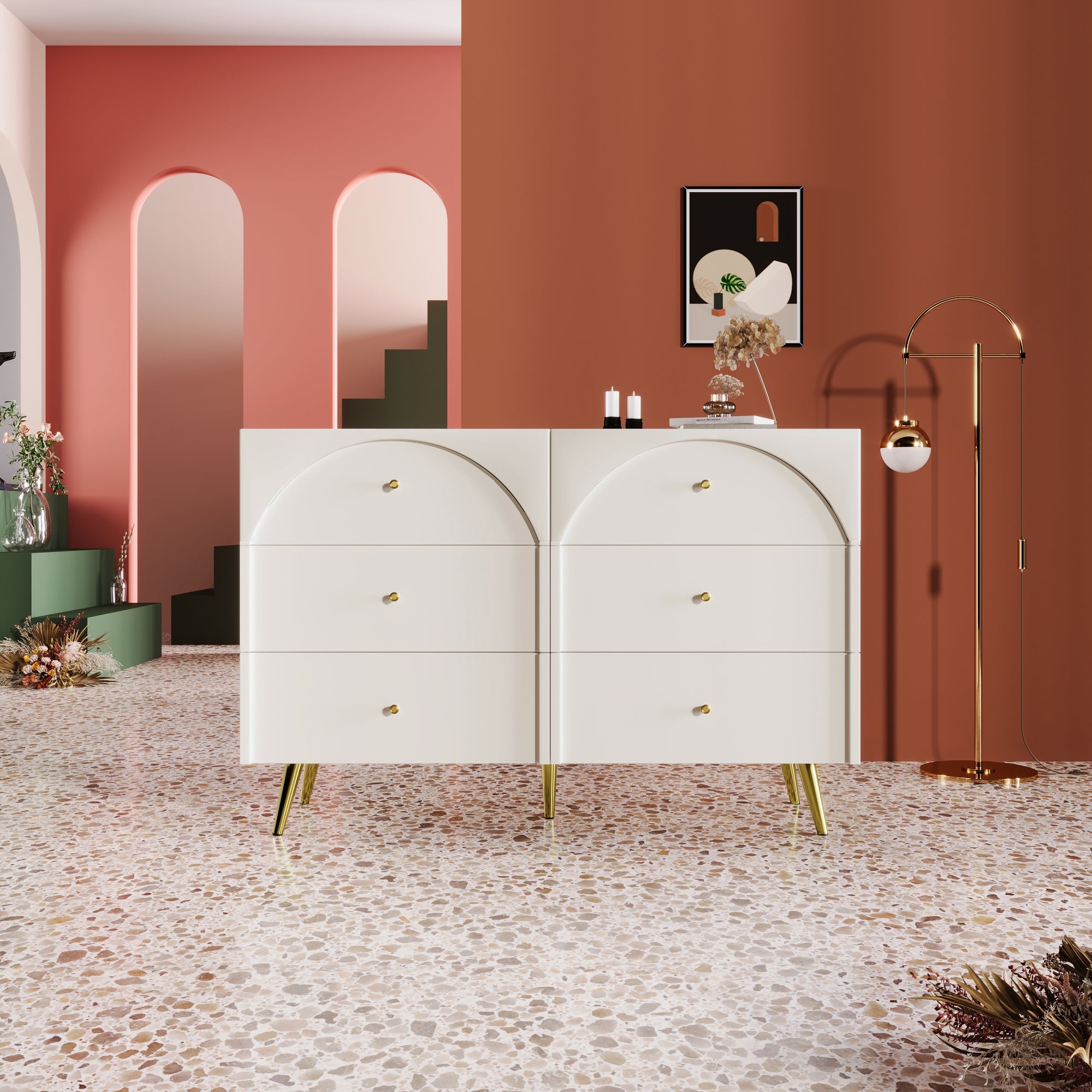 Chest of Drawers, 6-Drawer Sideboard Highboard, Cream-White