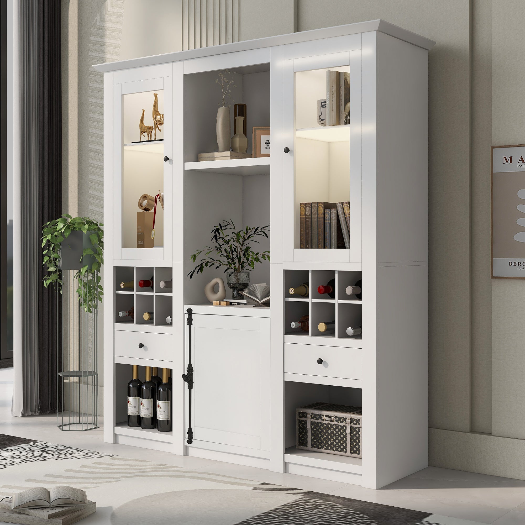 Display Cabinet 3-Piece Set, Freestanding Storage, 7-Color LED Lighting, White