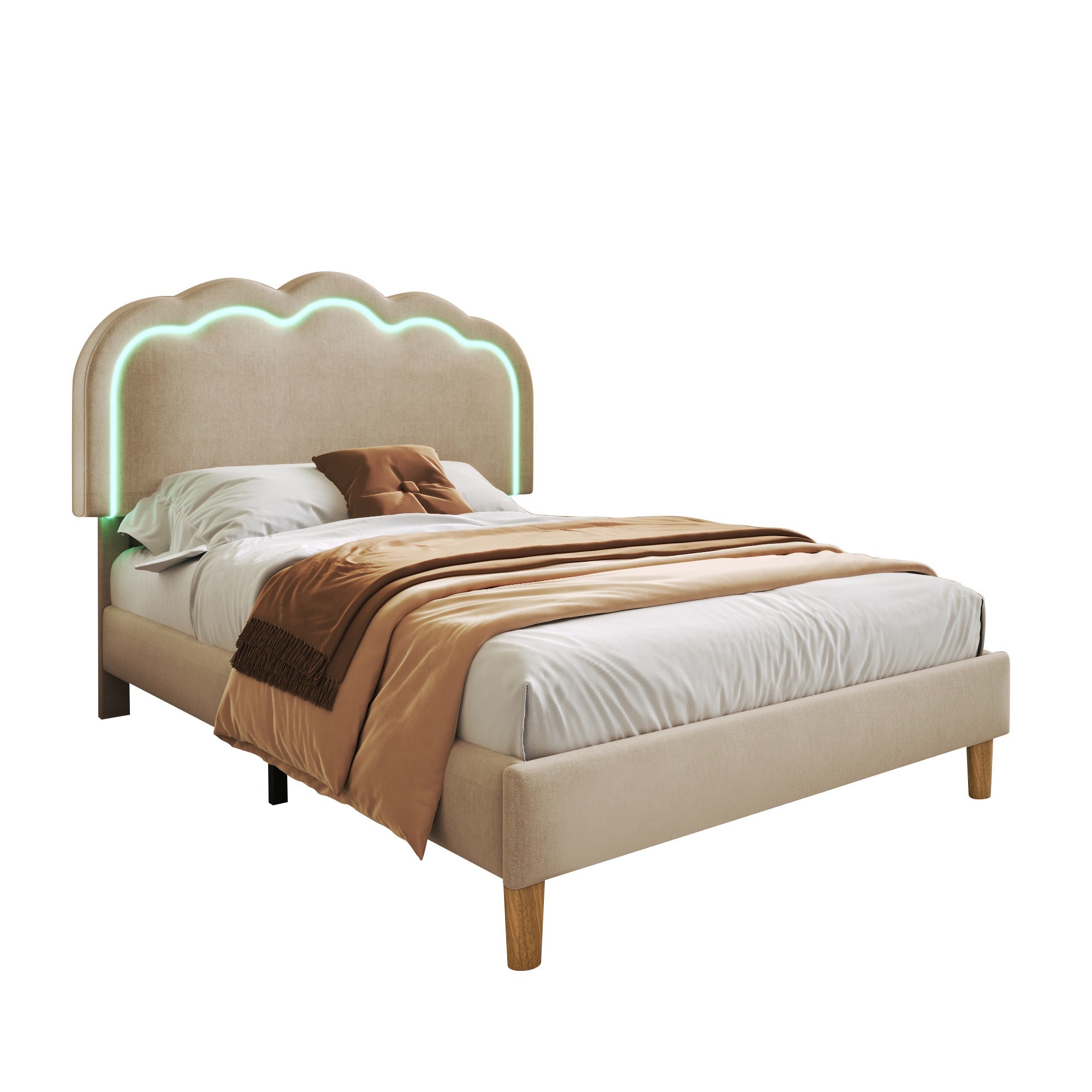 Upholstered Bed LED Single 90 x 190 cm with Adjustable Headboard, Beige Linen