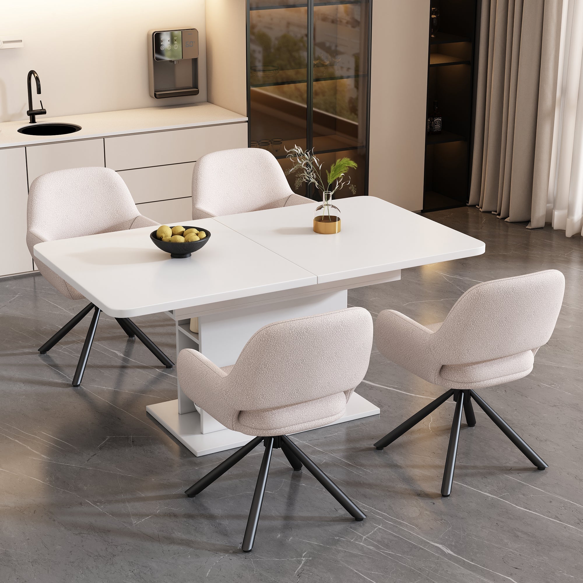 Dining Chair Swivel Set of 4 with Handrails - Sherpa White