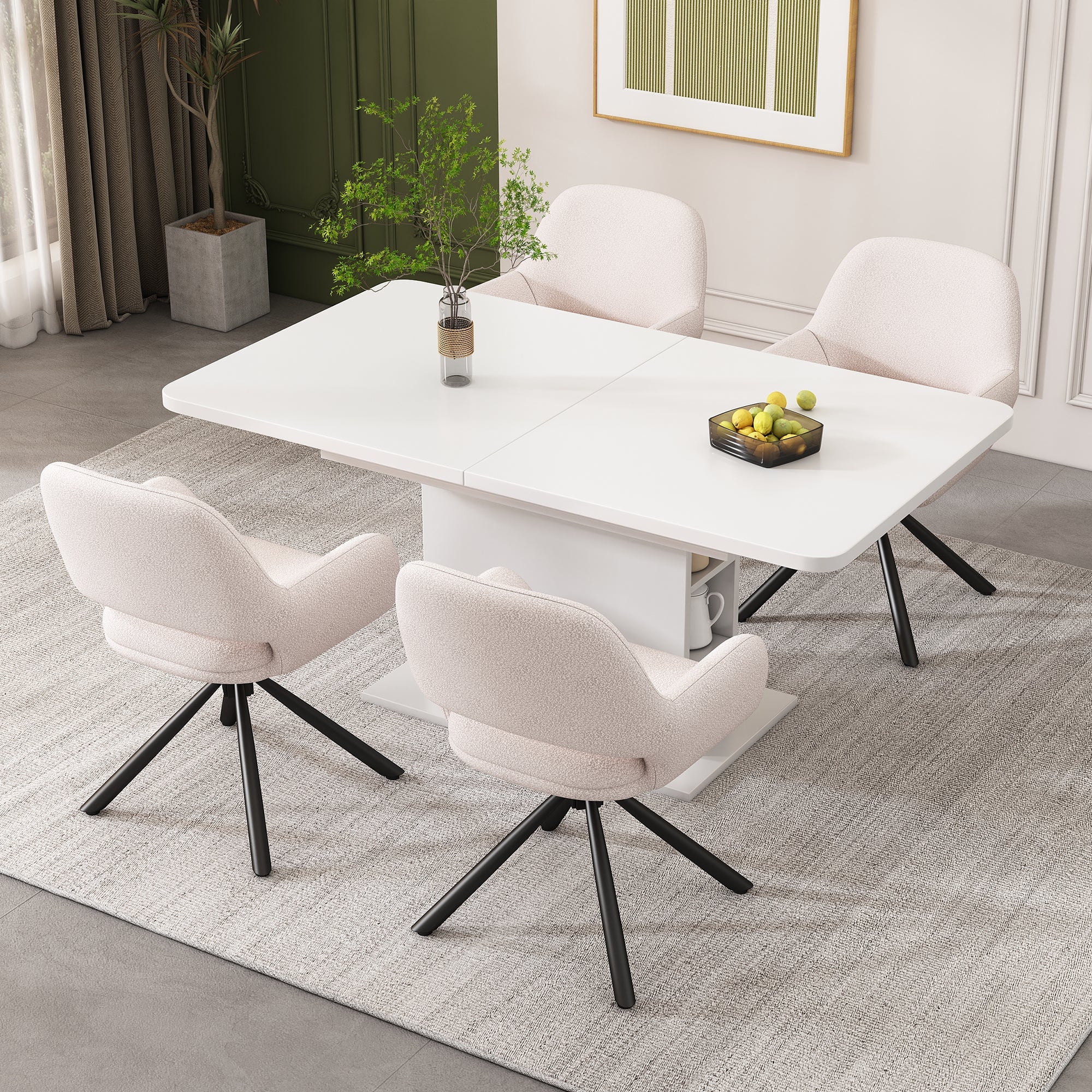 Extendable Dining Set with 4 Sherpa Chairs and Storage, Rectangular, White