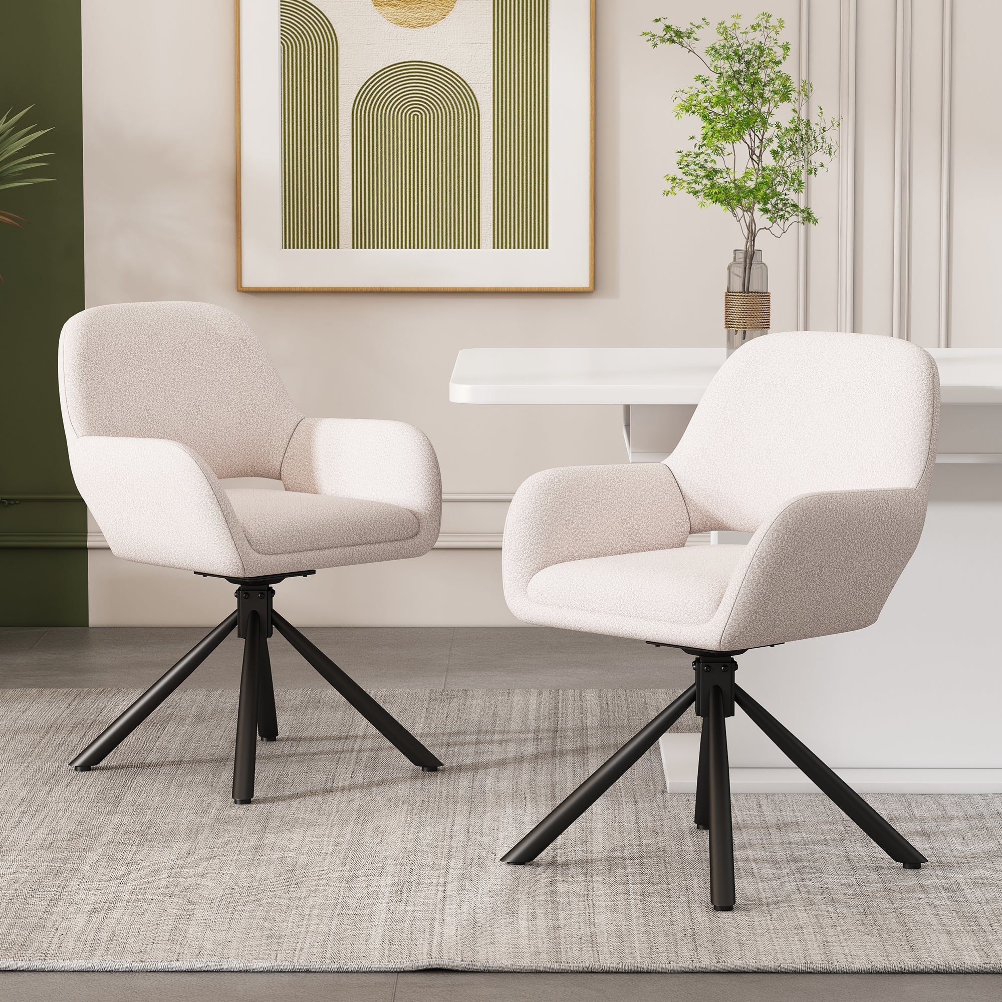 Dining Chairs, Set of 6 with Swivel and Handrails, White Sherpa Fabric