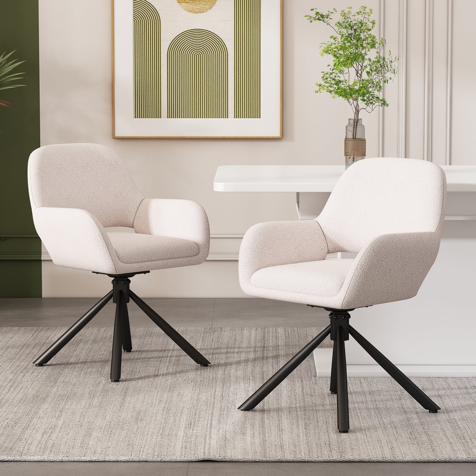 Dining Chair Swivel Set of 4 with Handrails - Sherpa White