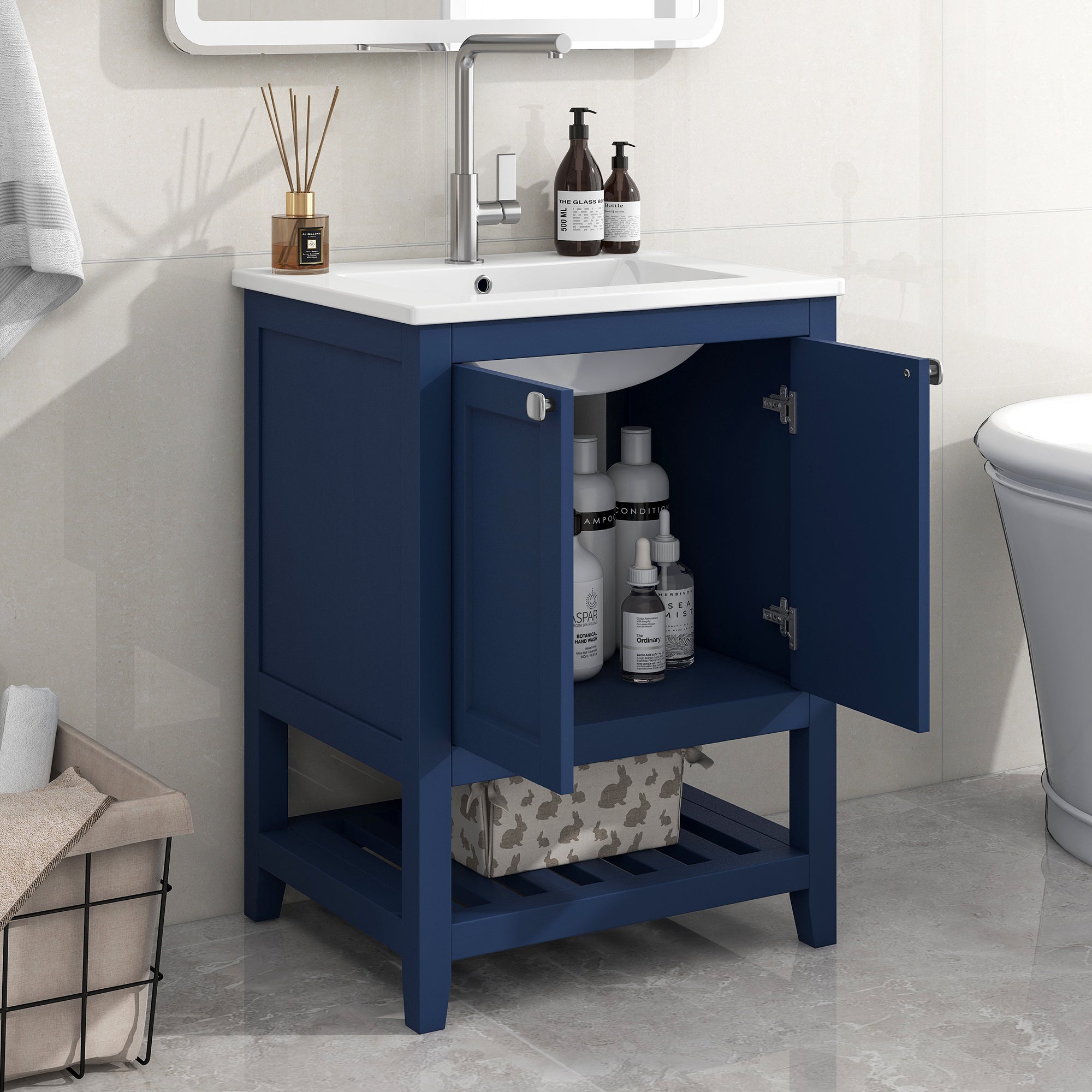 Bathroom Vanity Unit with Base Cabinet 60cm Ceramic Washbasin, Blue
