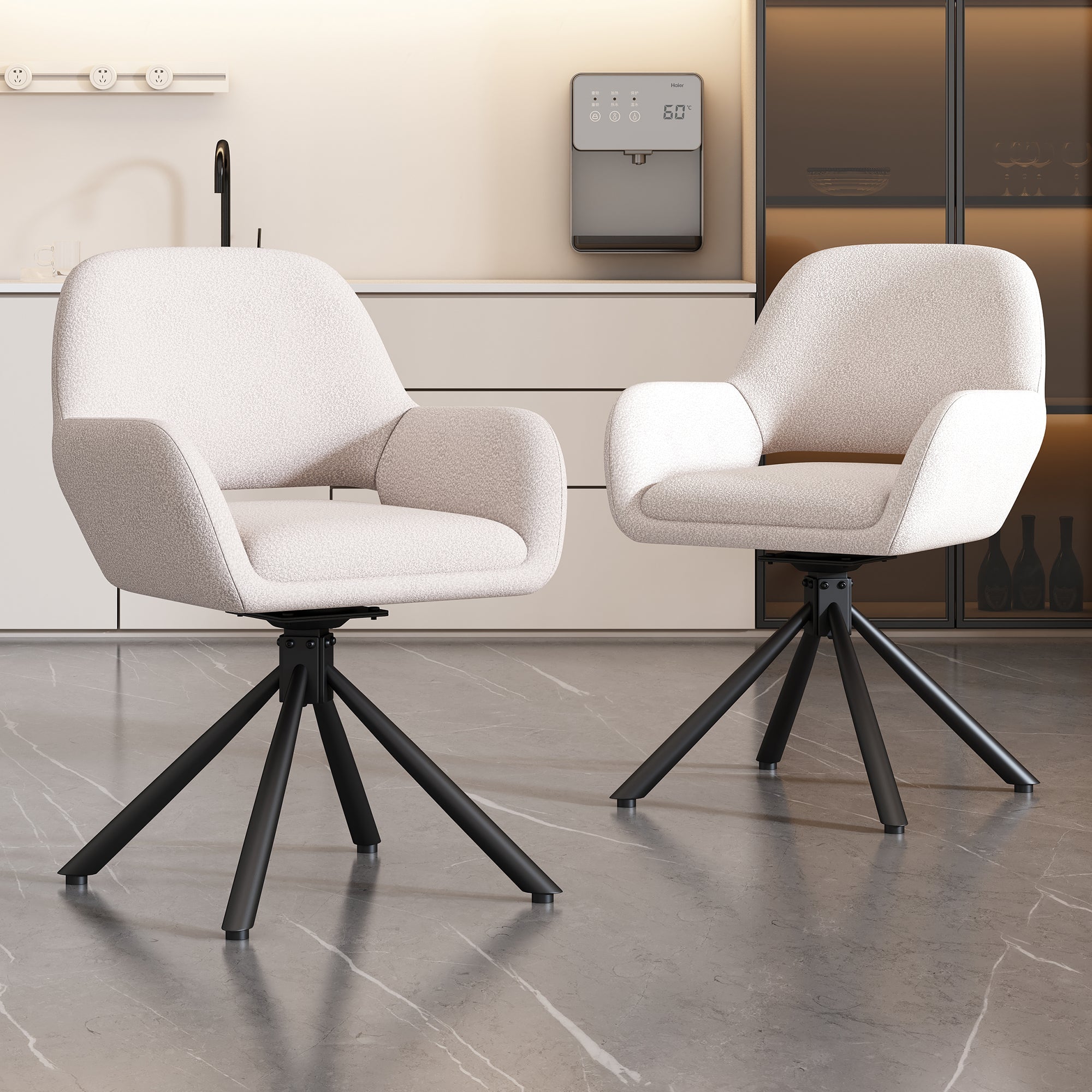 Swivel Dining Chair Set of 2 Sherpa Armrests - White