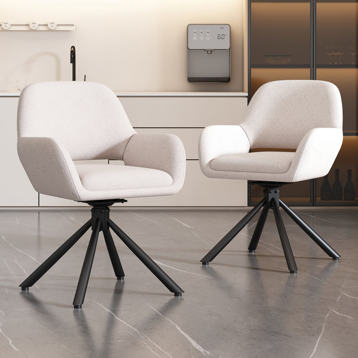 Dining Chair Swivel Set of 4 with Handrails - Sherpa White