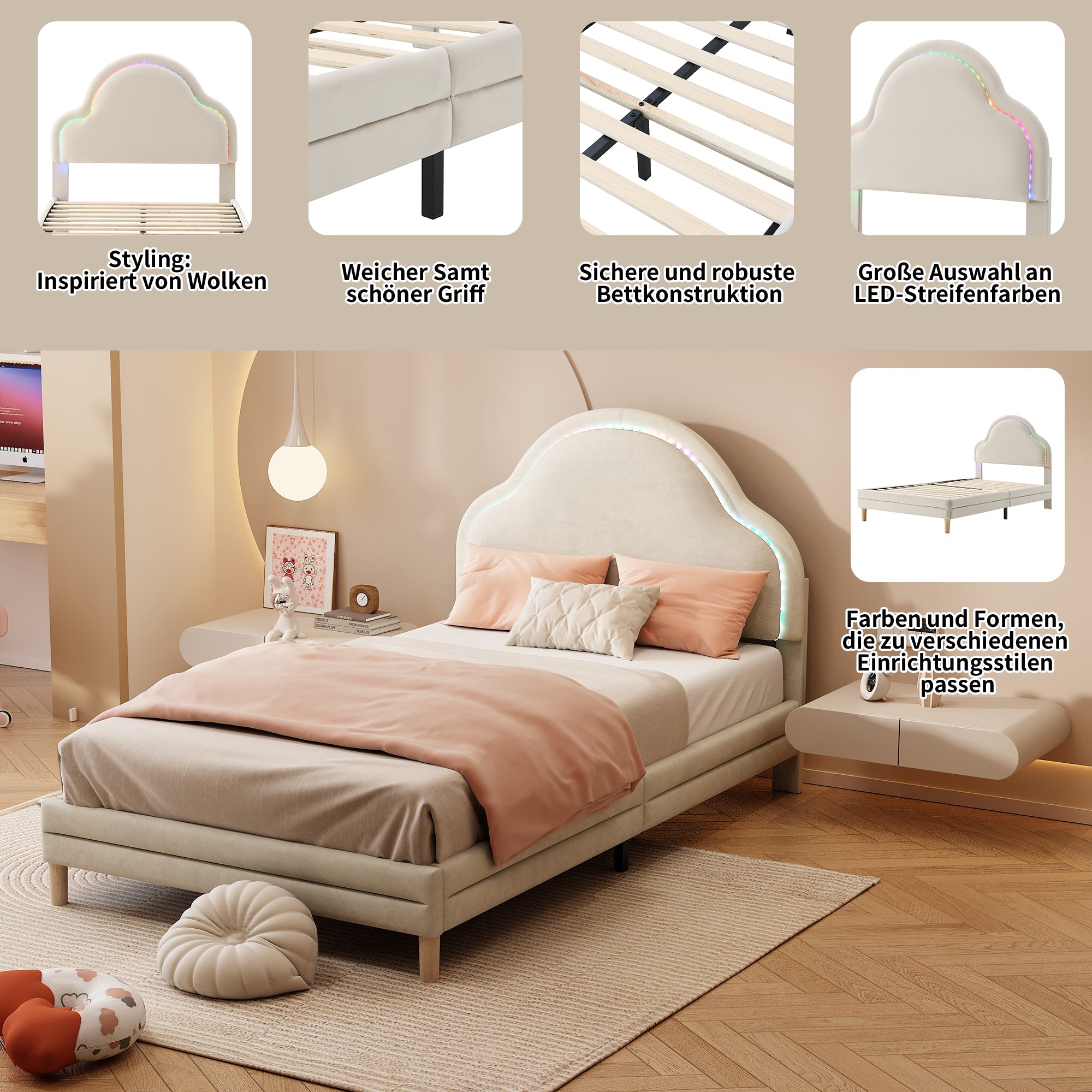 Upholstered Bed 90x200cm LED Cloud Headboard Single, Velvet Beige