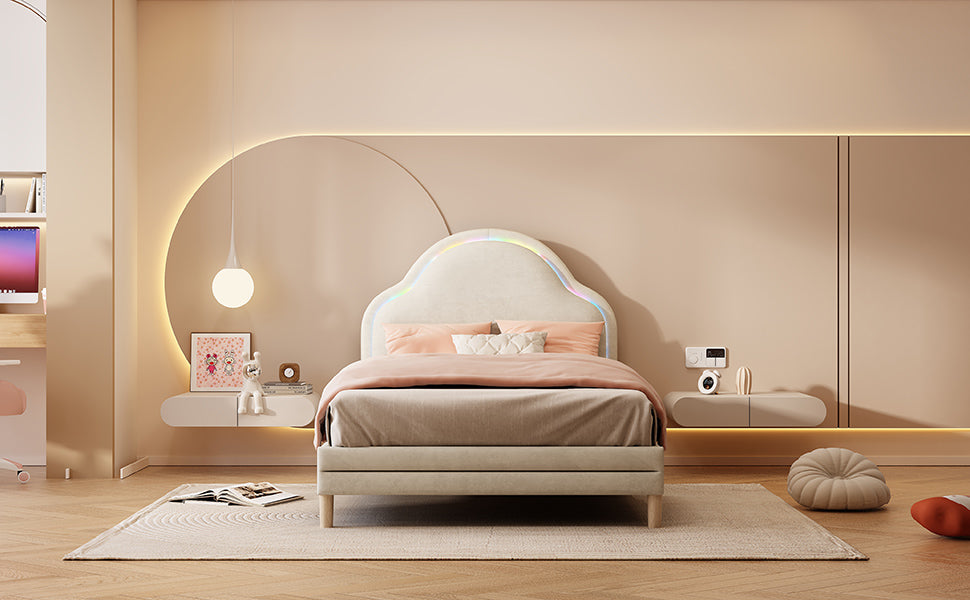 Upholstered Bed 90x200cm LED Cloud Headboard Single, Velvet Beige