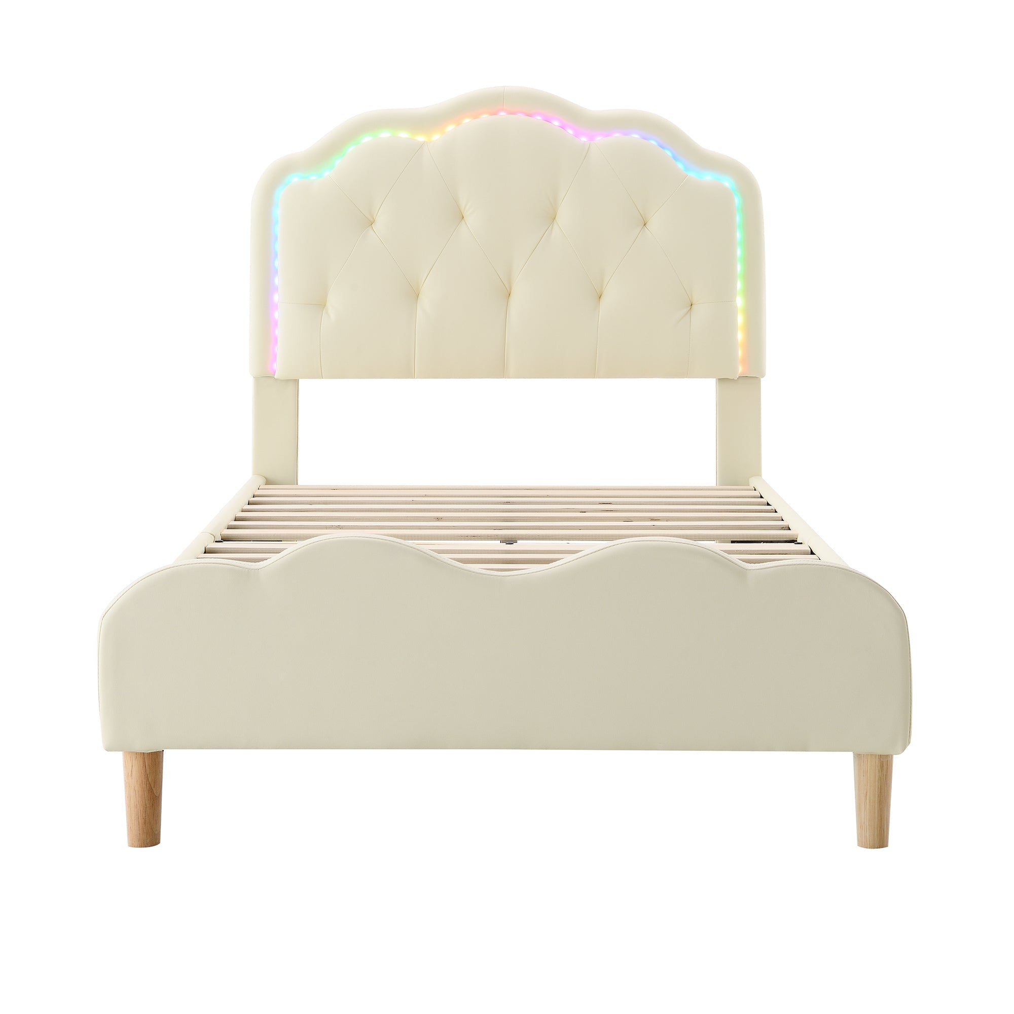 Upholstered bed, wave-shaped headboard, LED strips, wooden slats, white PU, 90x200cm