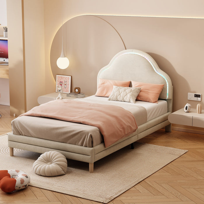 Upholstered Bed 90x200cm LED Cloud Headboard Single, Velvet Beige