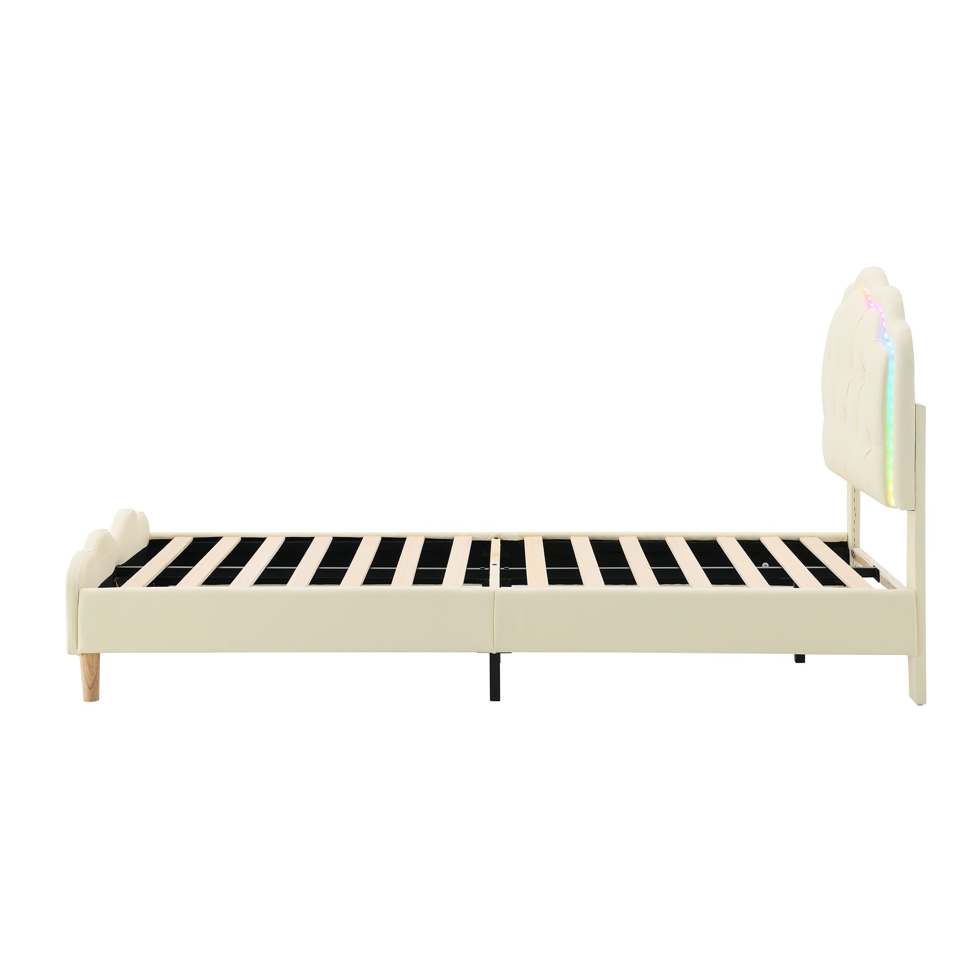 Upholstered bed, wave-shaped headboard, LED strips, wooden slats, white PU, 90x200cm