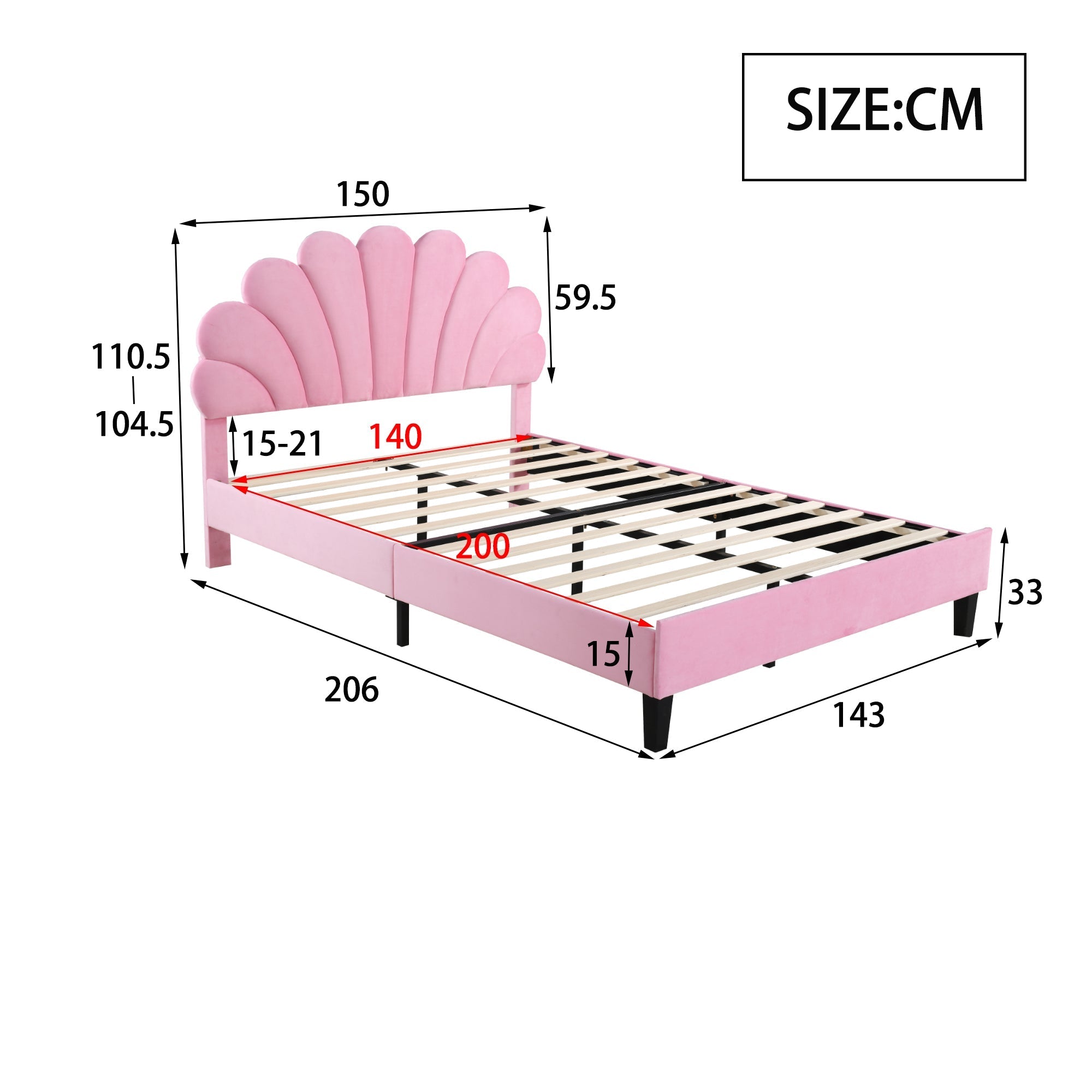 Upholstered Double Bed, 140x200cm Flower Headboard Slatted Frame, Pink Velvet