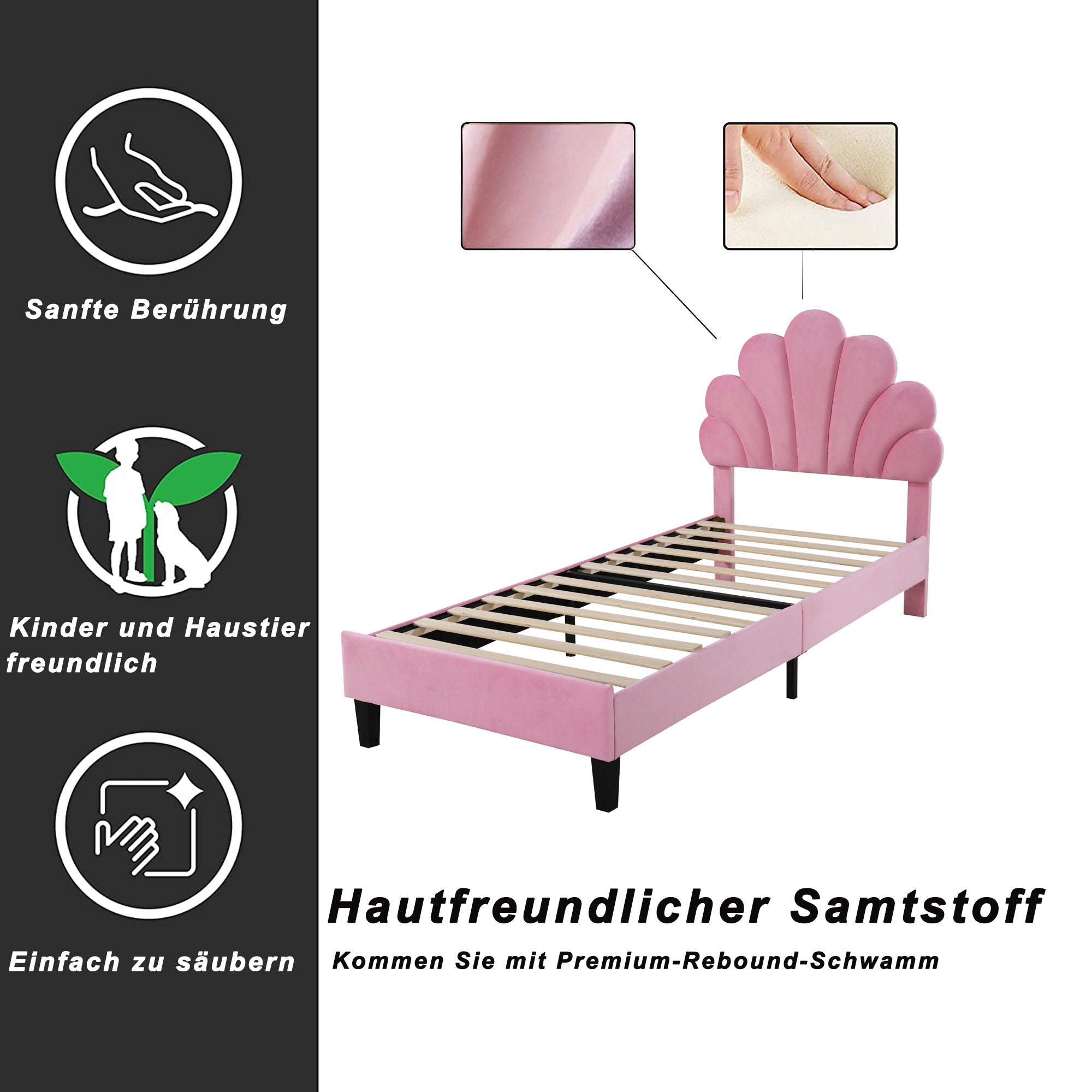 Children’s Pink Velvet Bed – 90x200cm Flower-Shaped Headboard