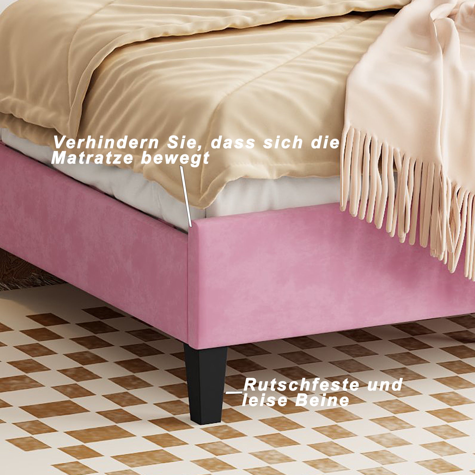 Upholstered Double Bed, 140x200cm Flower Headboard Slatted Frame, Pink Velvet