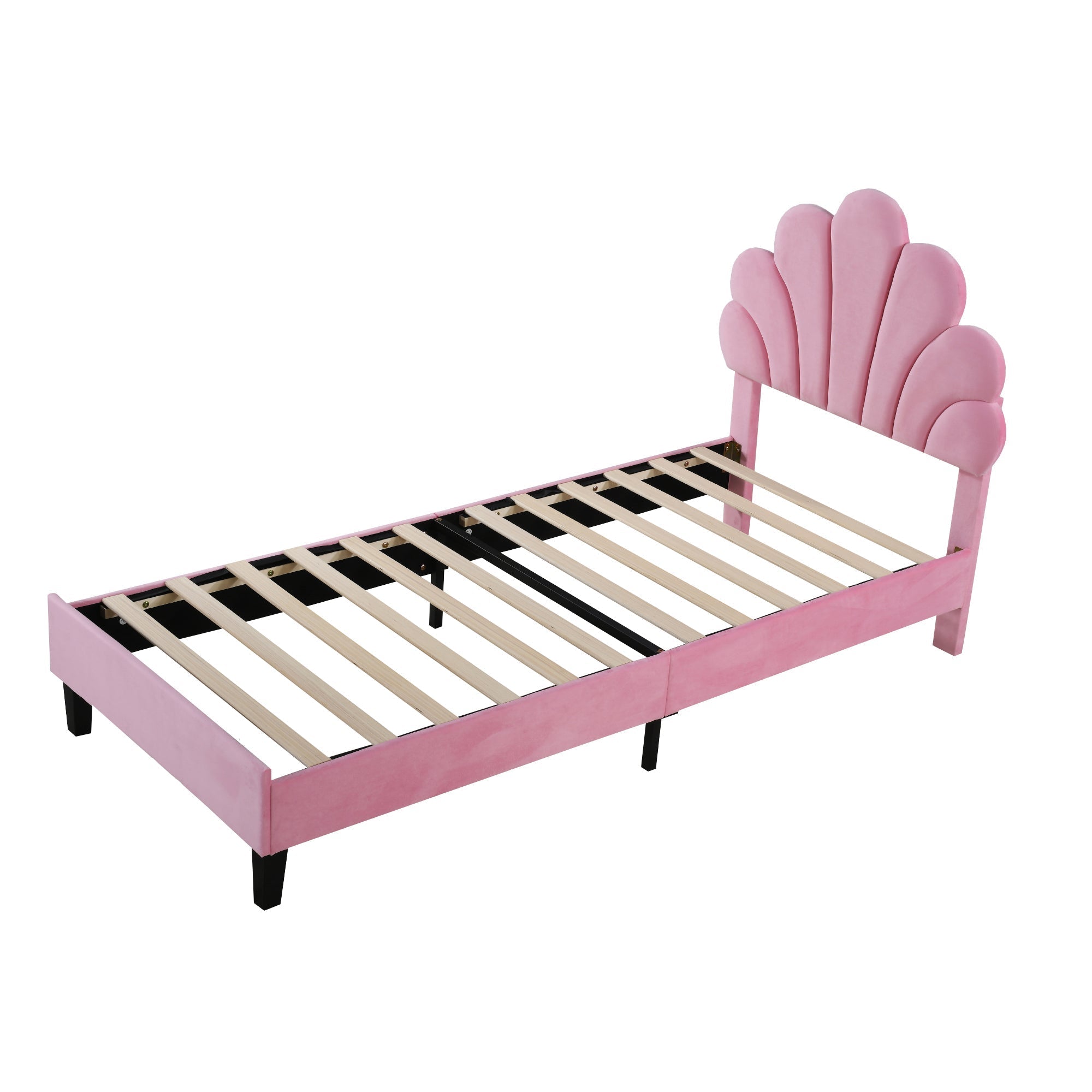 Children’s Pink Velvet Bed – 90x200cm Flower-Shaped Headboard