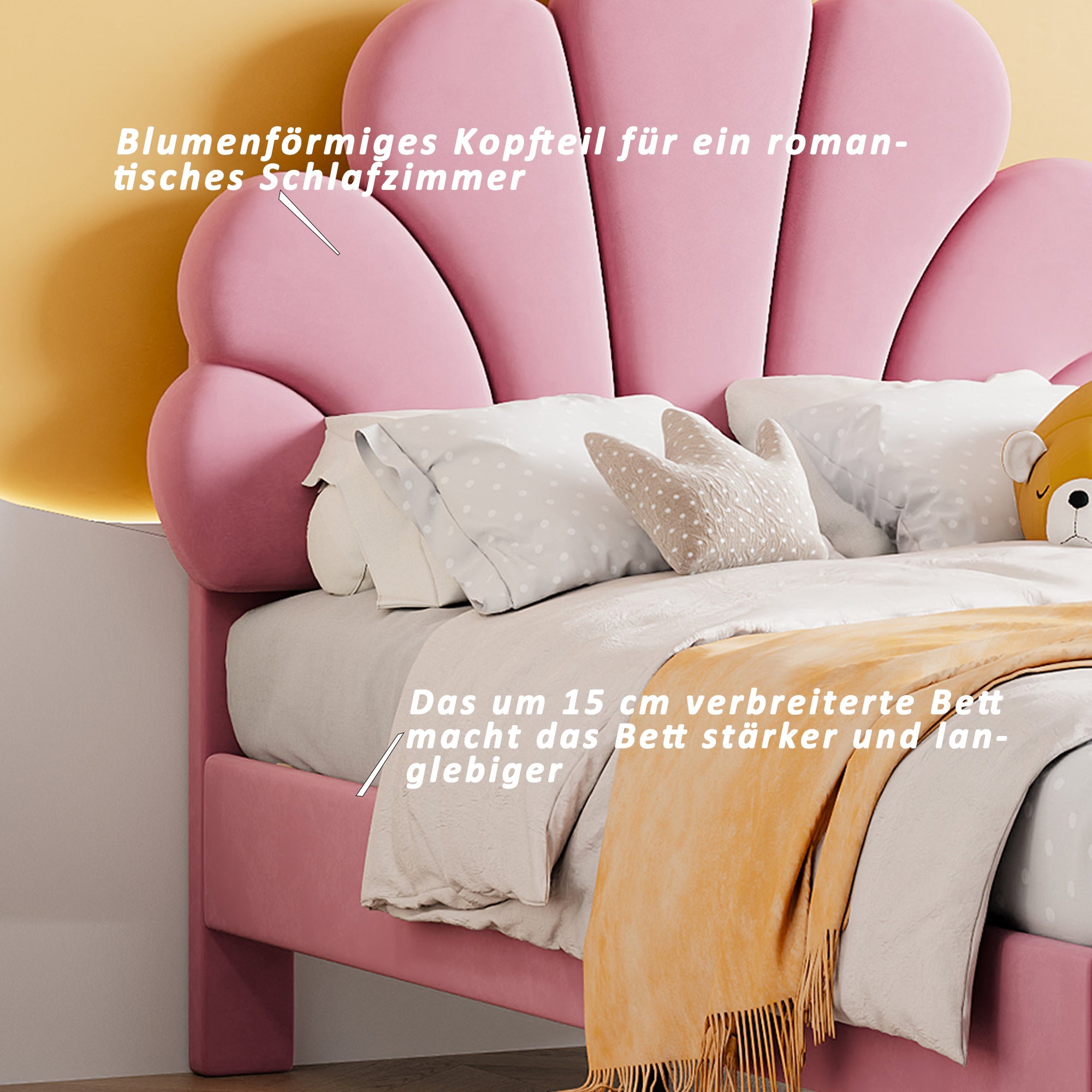 Children’s Pink Velvet Bed – 90x200cm Flower-Shaped Headboard