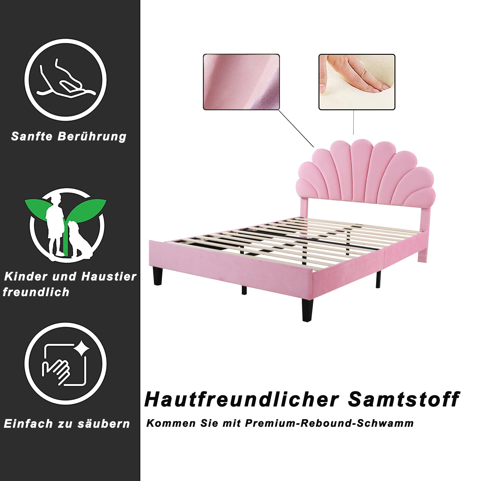Upholstered Double Bed, 140x200cm Flower Headboard Slatted Frame, Pink Velvet