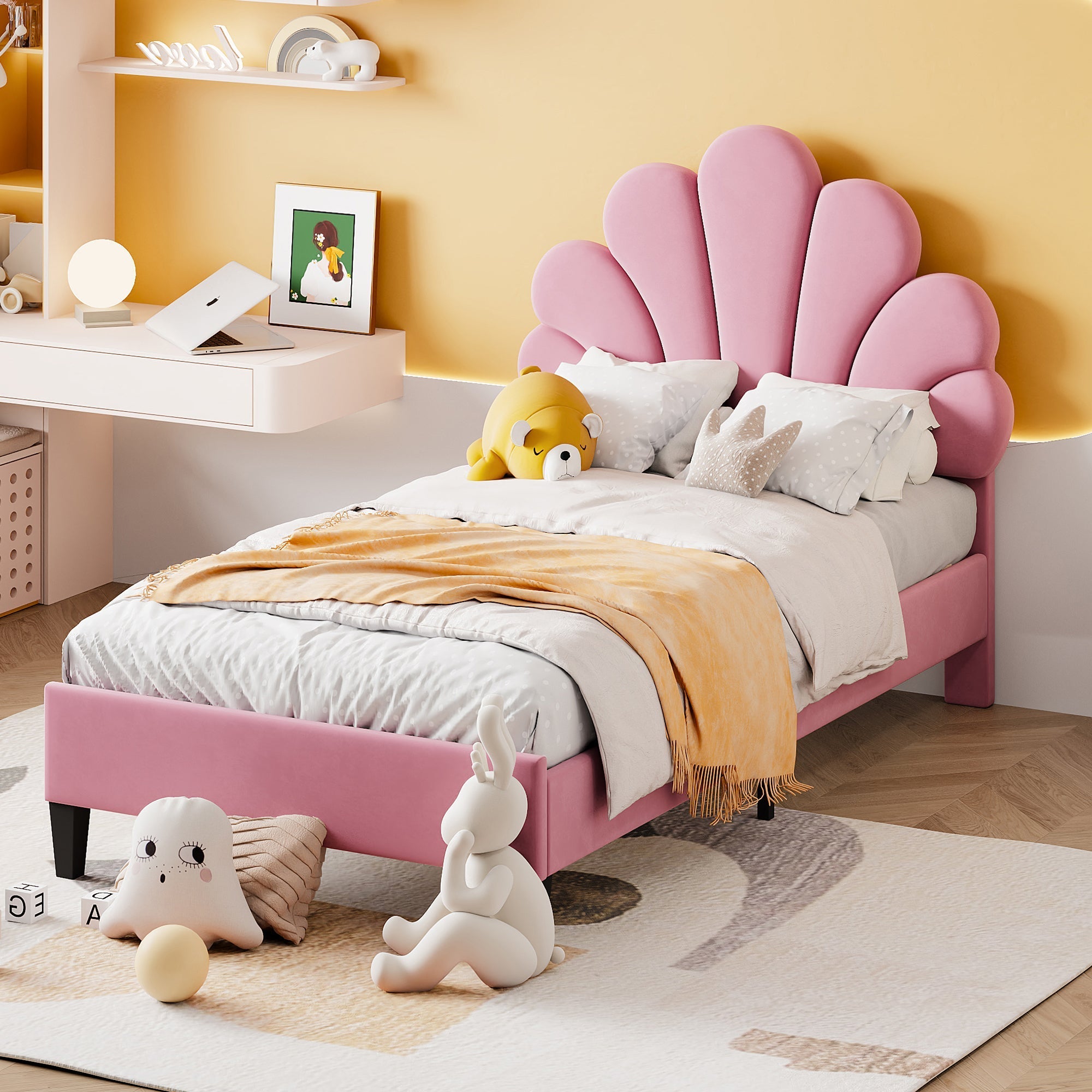 Children’s Pink Velvet Bed – 90x200cm Flower-Shaped Headboard