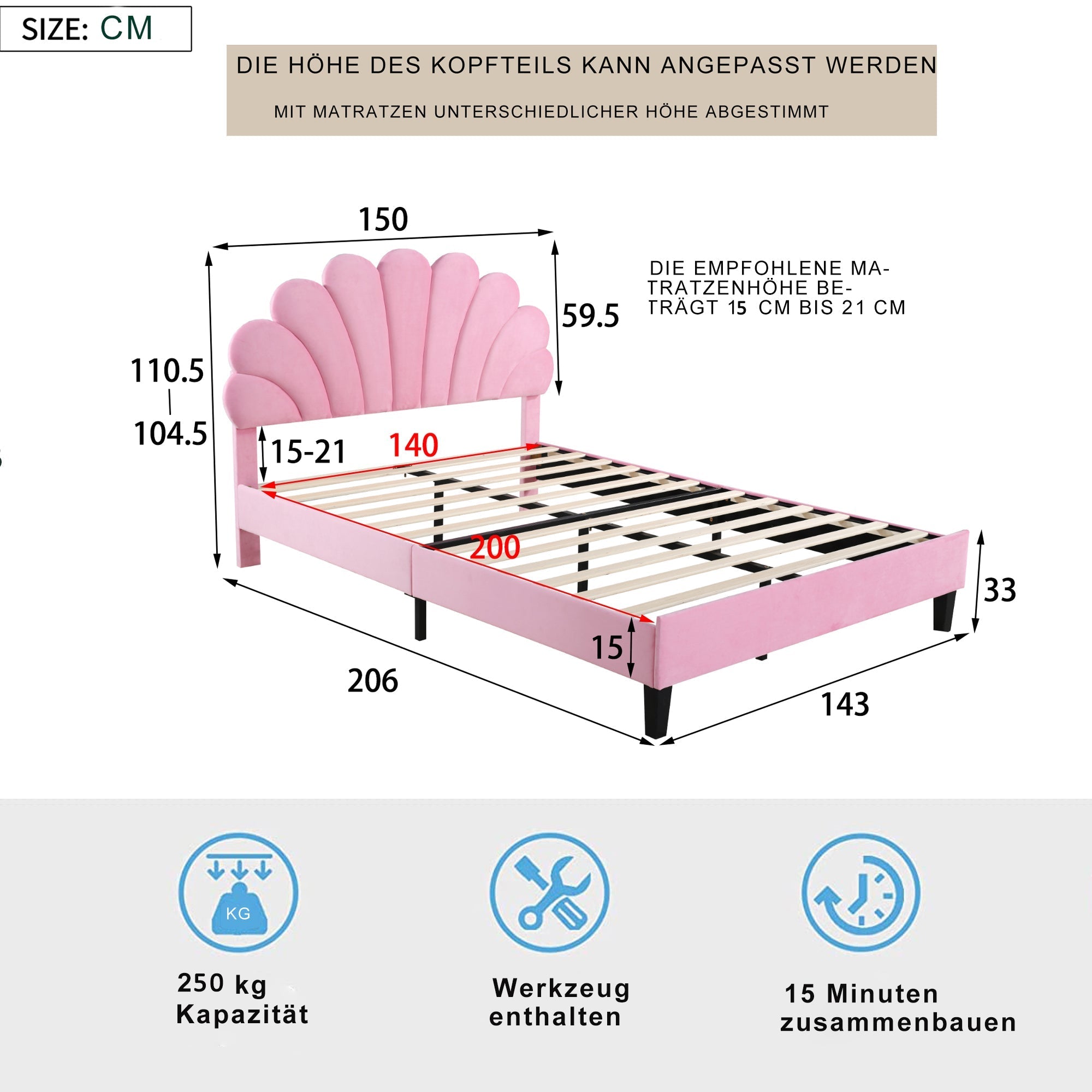 Upholstered Double Bed, 140x200cm Flower Headboard Slatted Frame, Pink Velvet