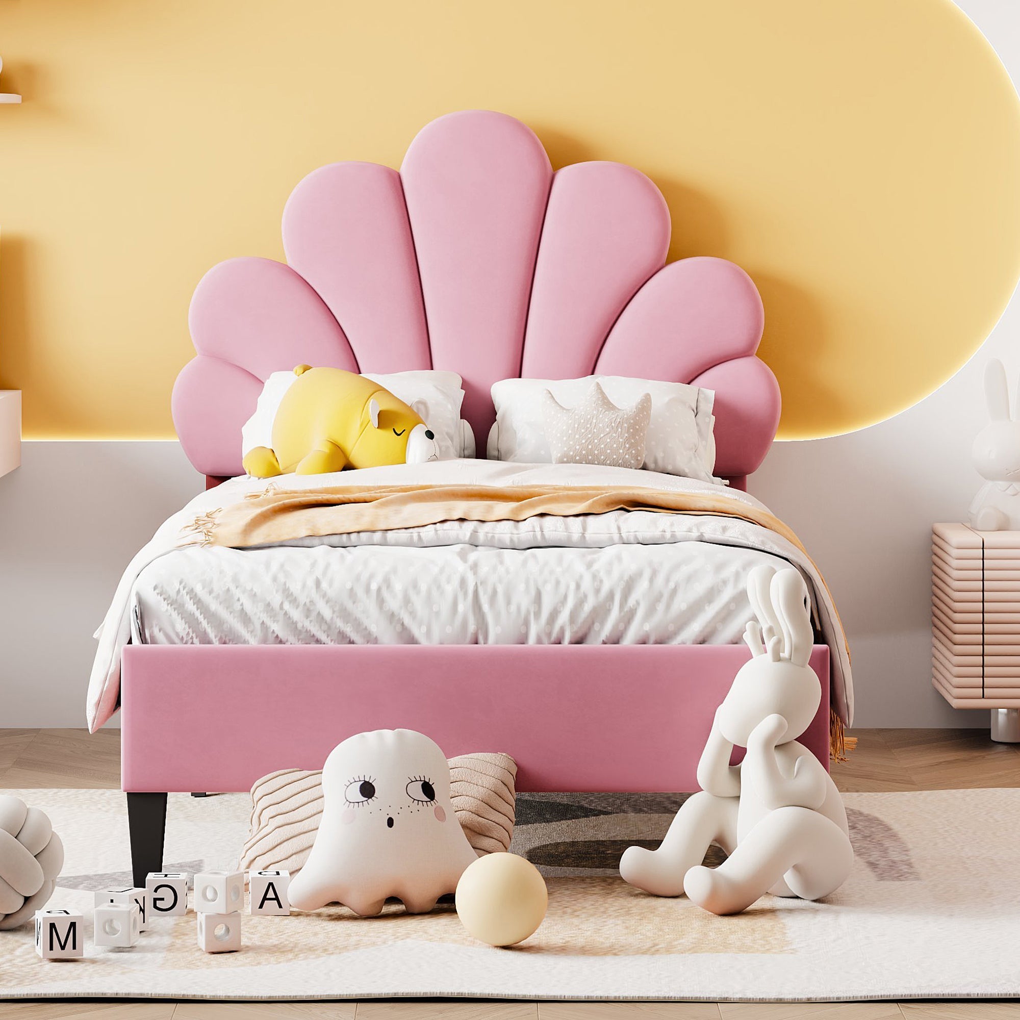 Children’s Pink Velvet Bed – 90x200cm Flower-Shaped Headboard