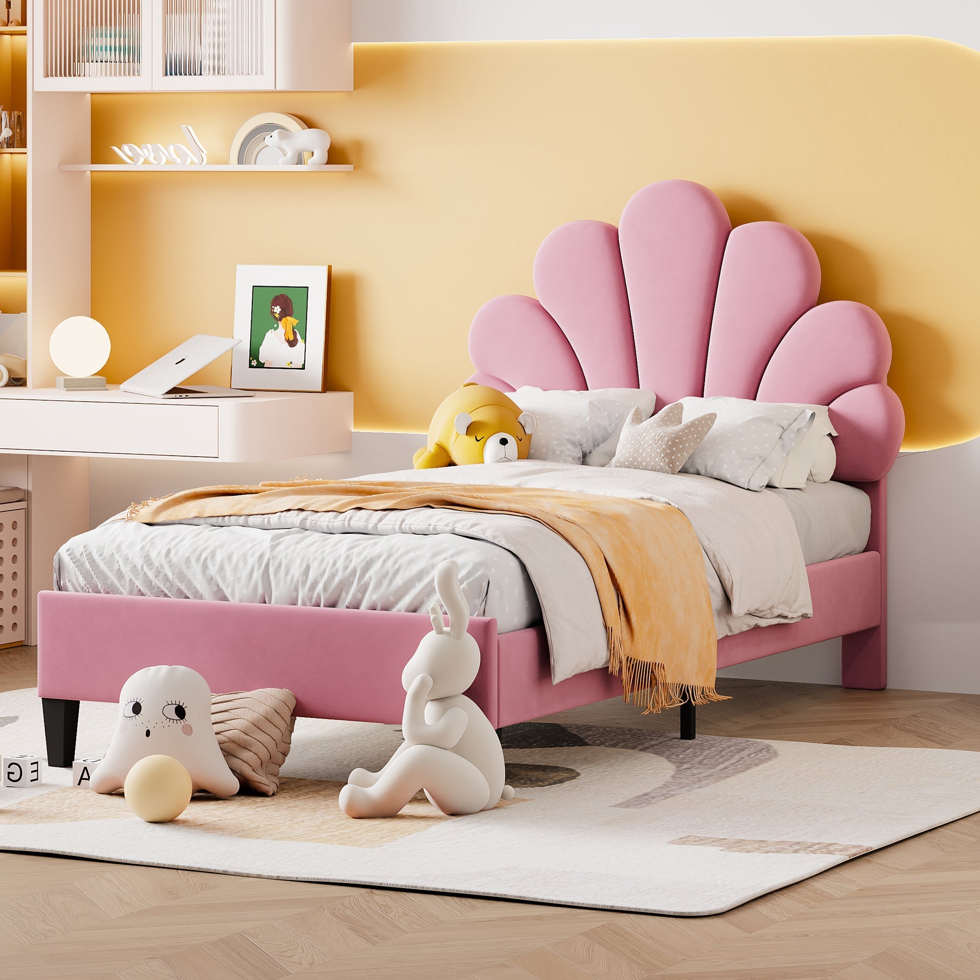 Children’s Pink Velvet Bed – 90x200cm Flower-Shaped Headboard