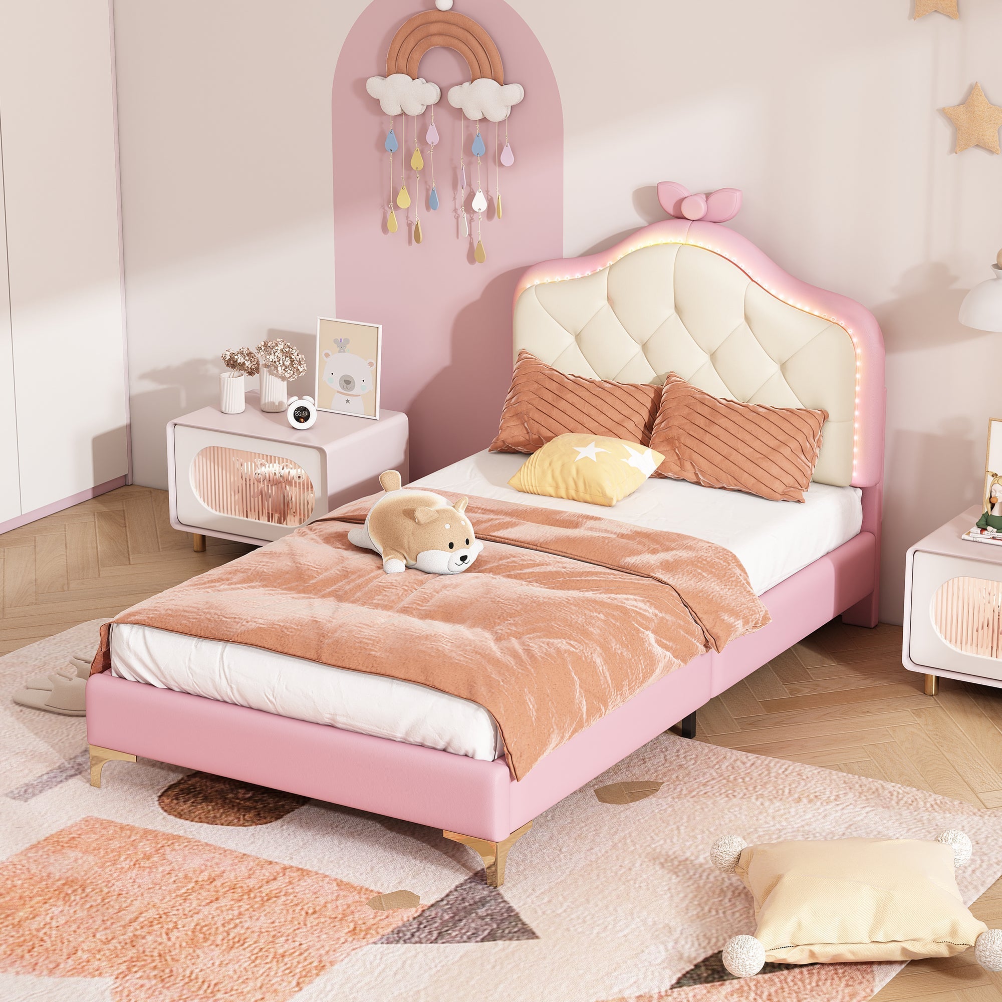 Upholstered Single Bed, Wave Headboard LED Strips 90x200cm, Pink PU