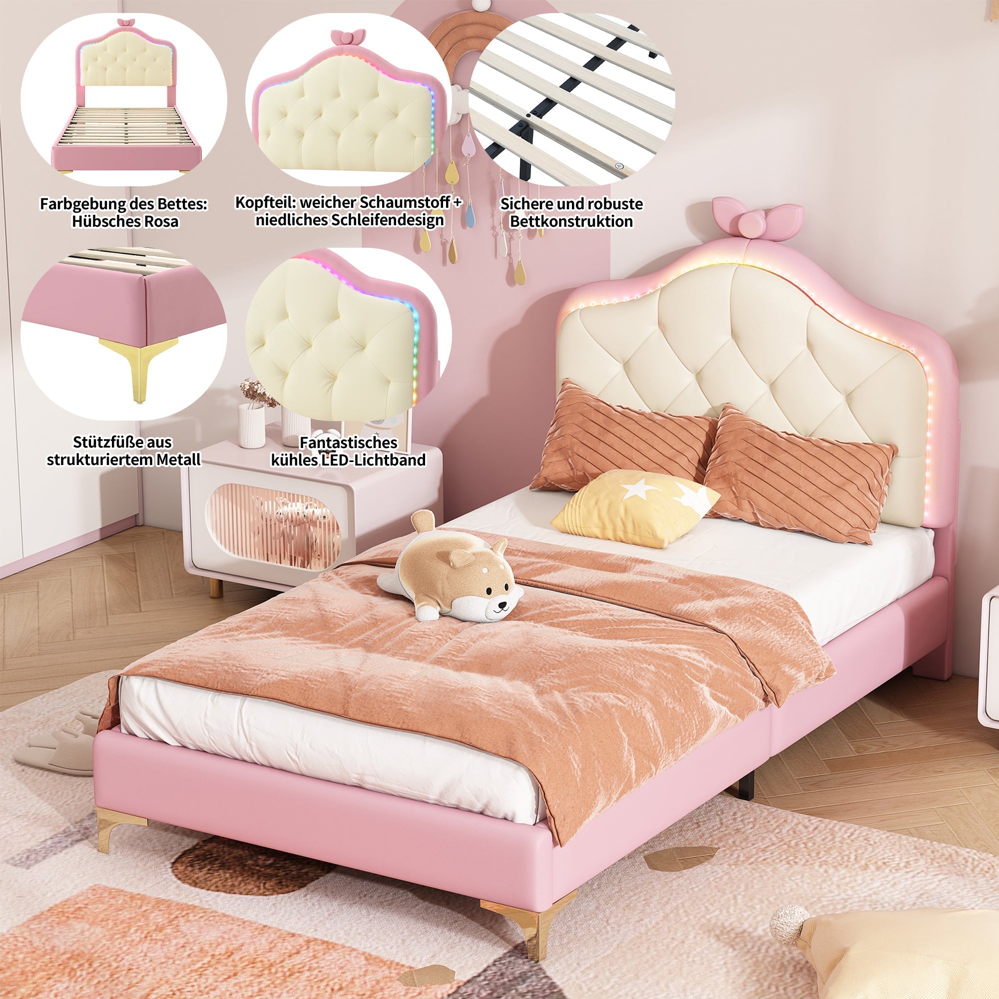 Upholstered Single Bed, Wave Headboard LED Strips 90x200cm, Pink PU