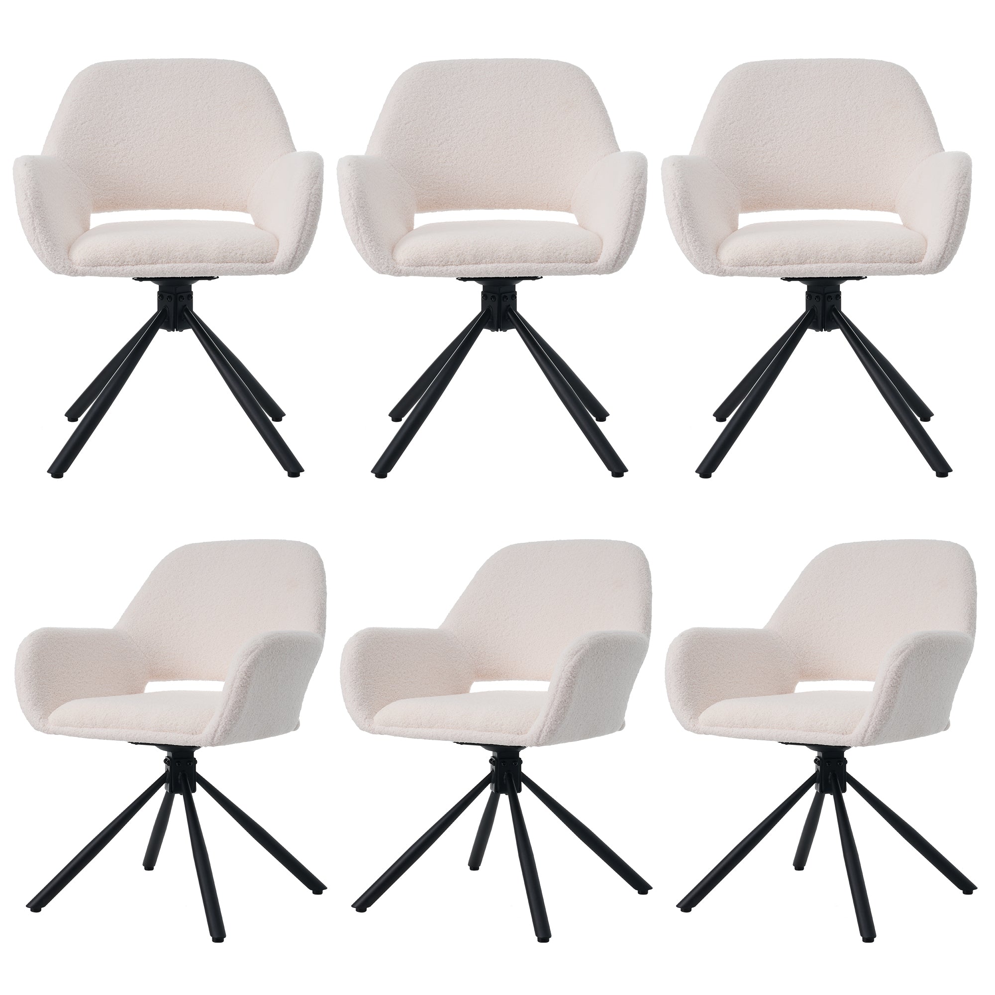 Dining Chairs, Set of 6 with Swivel and Handrails, White Sherpa Fabric