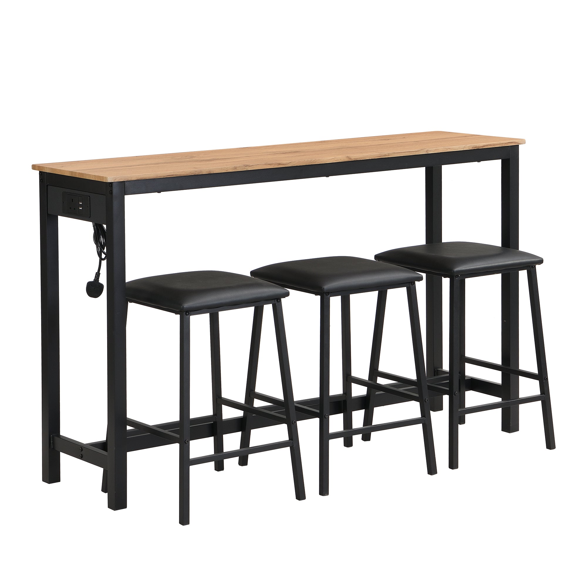 Industrial Bar Table Set with 3 Chairs, Counter Height Dining, Black + Oak