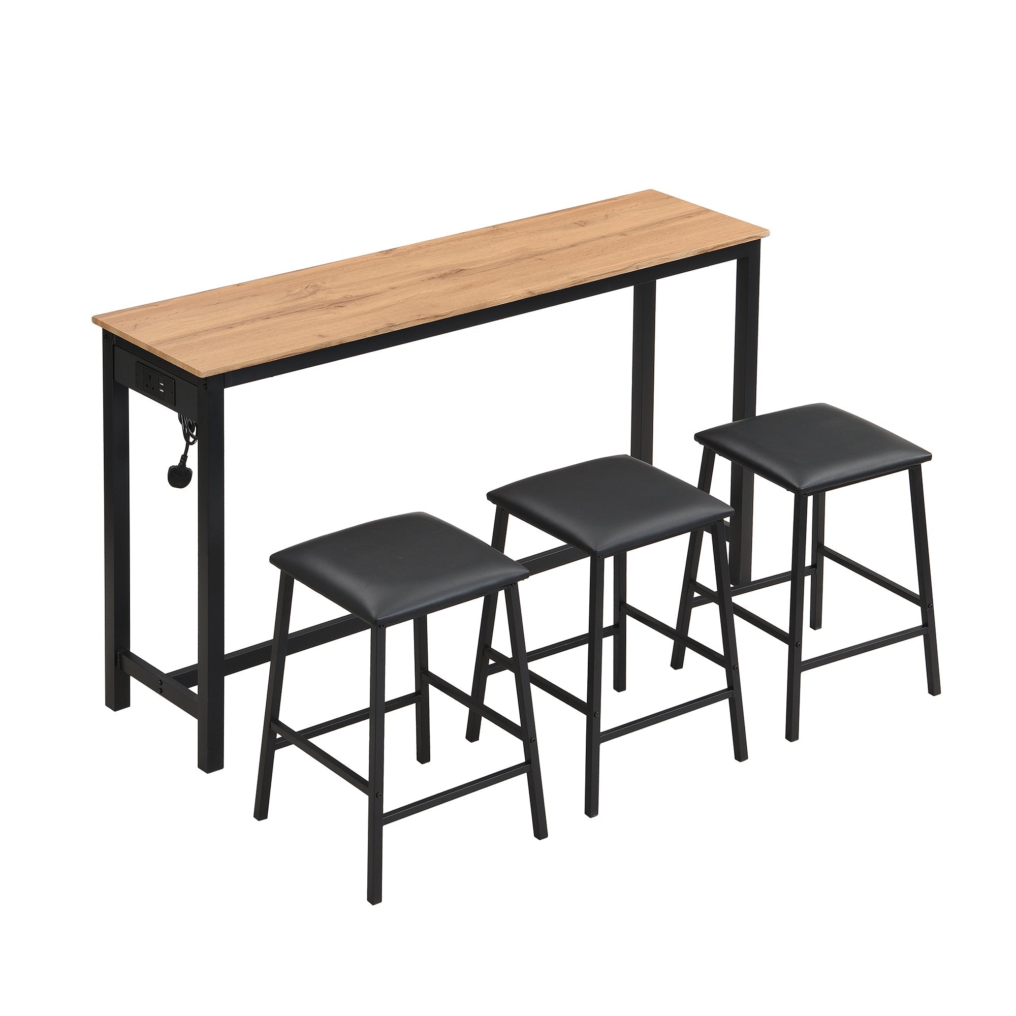 Industrial Bar Table Set with 3 Chairs, Counter Height Dining, Black + Oak