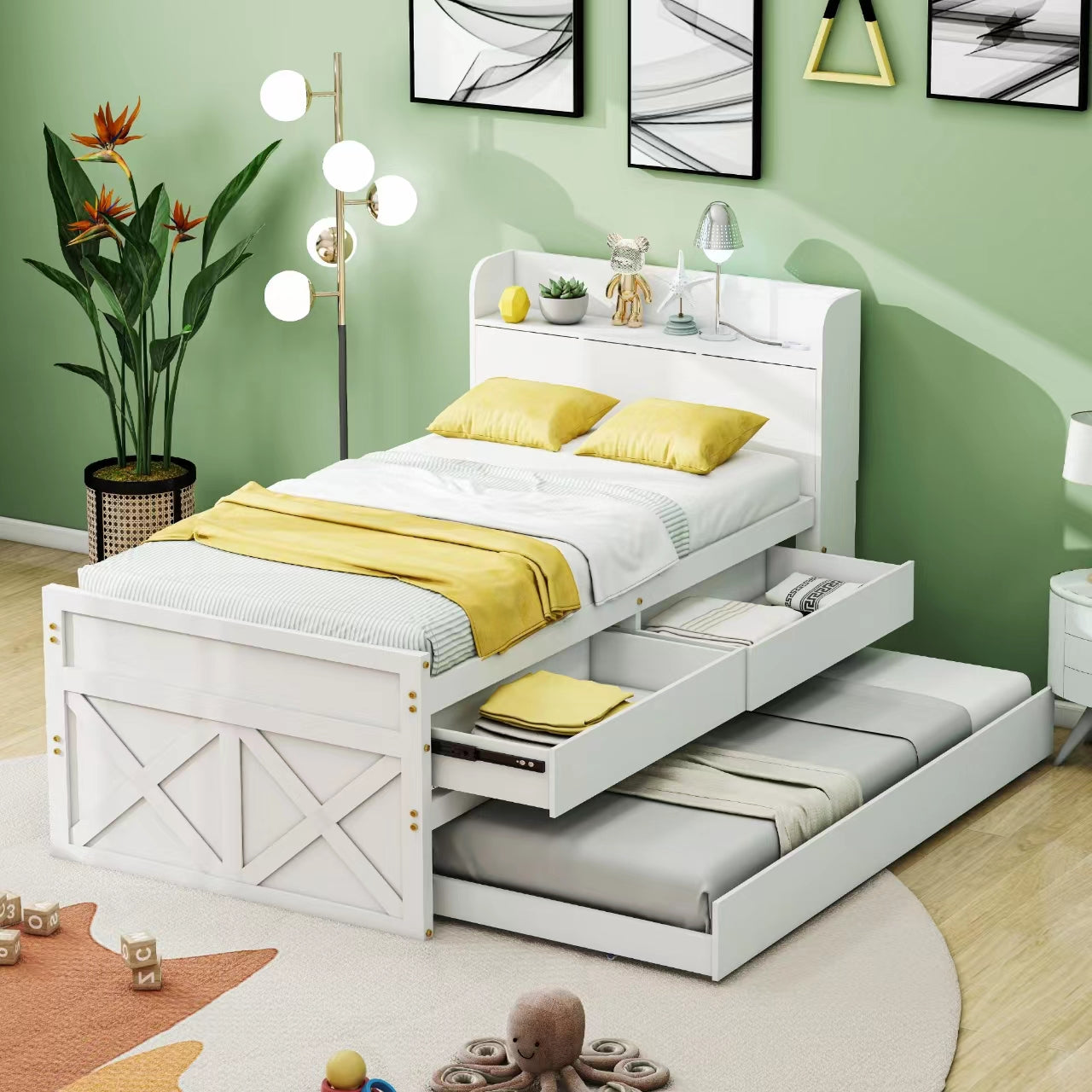Single Bed 90x190cm Multifunctional Pull-out Drawer Bedside Table USB - Solid Pine Wood White