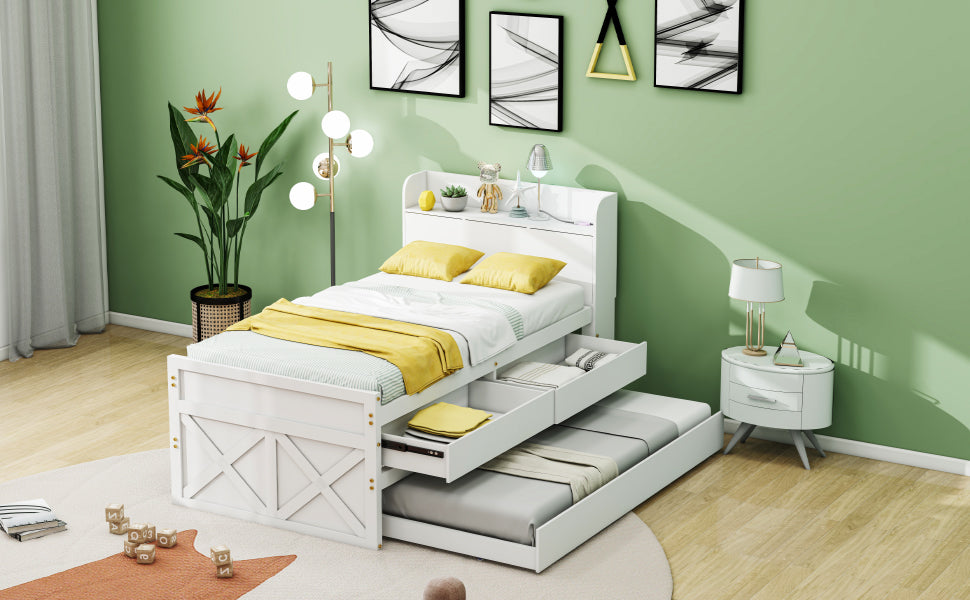 Single Bed 90x190cm Multifunctional Pull-out Drawer Bedside Table USB - Solid Pine Wood White