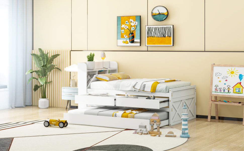 Single Bed 90x190cm Multifunctional Pull-out Drawer Bedside Table USB - Solid Pine Wood White