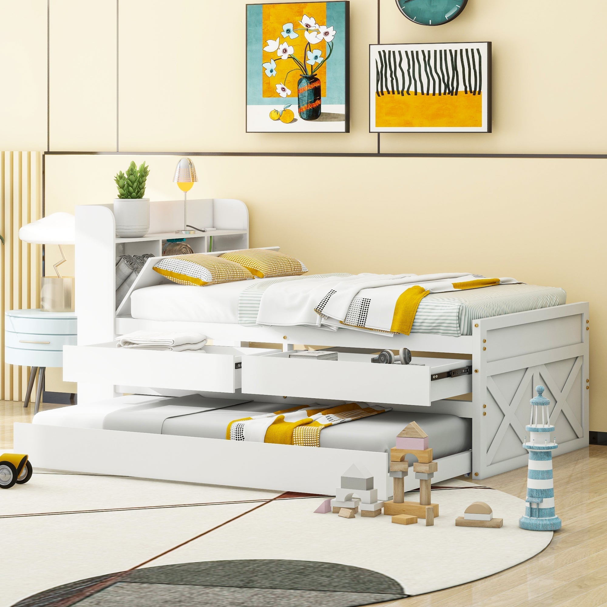 Single Bed 90x190cm Multifunctional Pull-out Drawer Bedside Table USB - Solid Pine Wood White